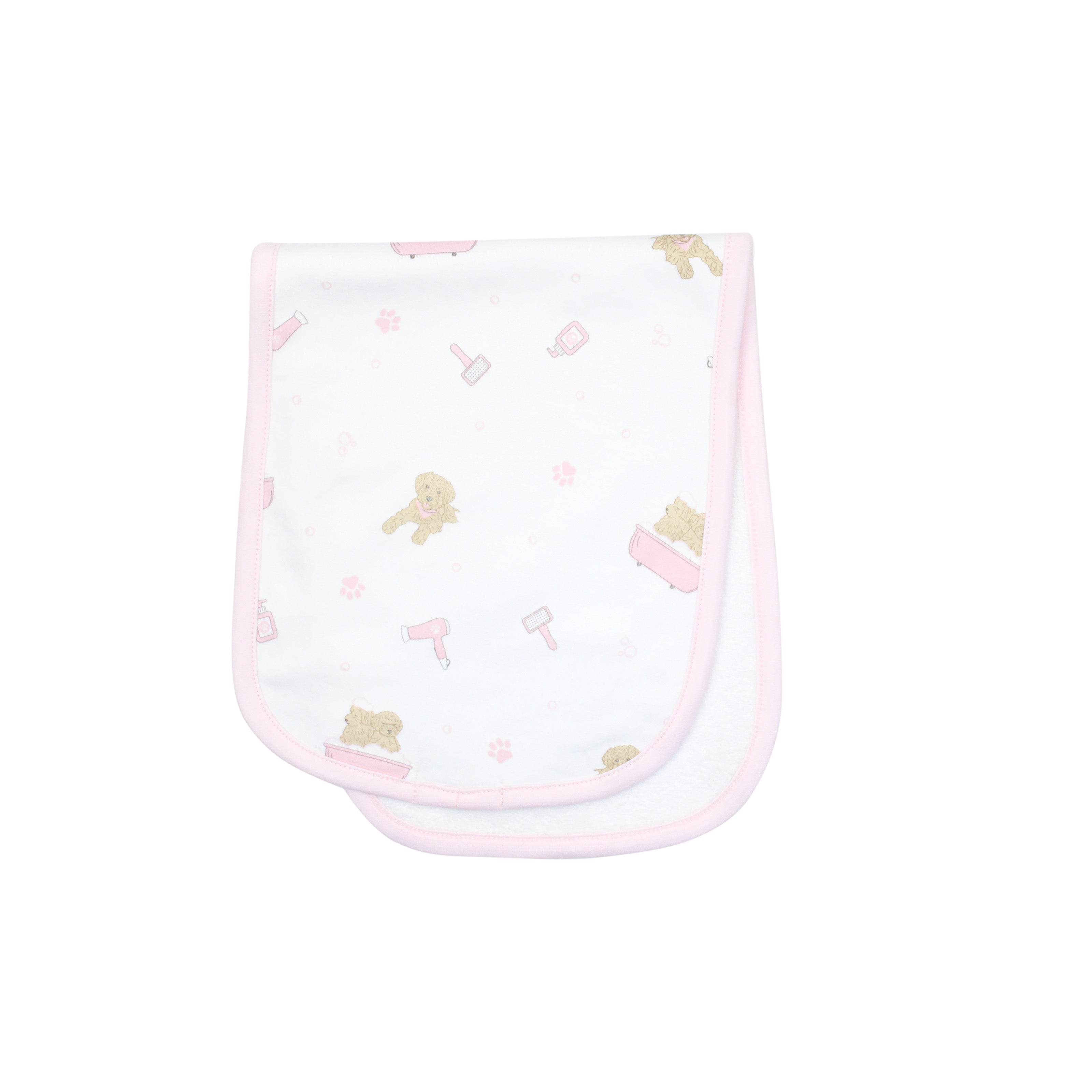Baby burp cloth in premium Peruvian Pima cotton with “Pet Spa” design — soft and absorbent for mealtime snuggles.