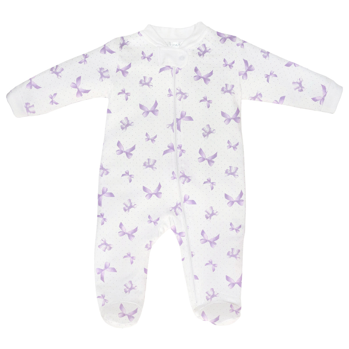 Lila Bows Printed Zipper Footie | Baby Girl