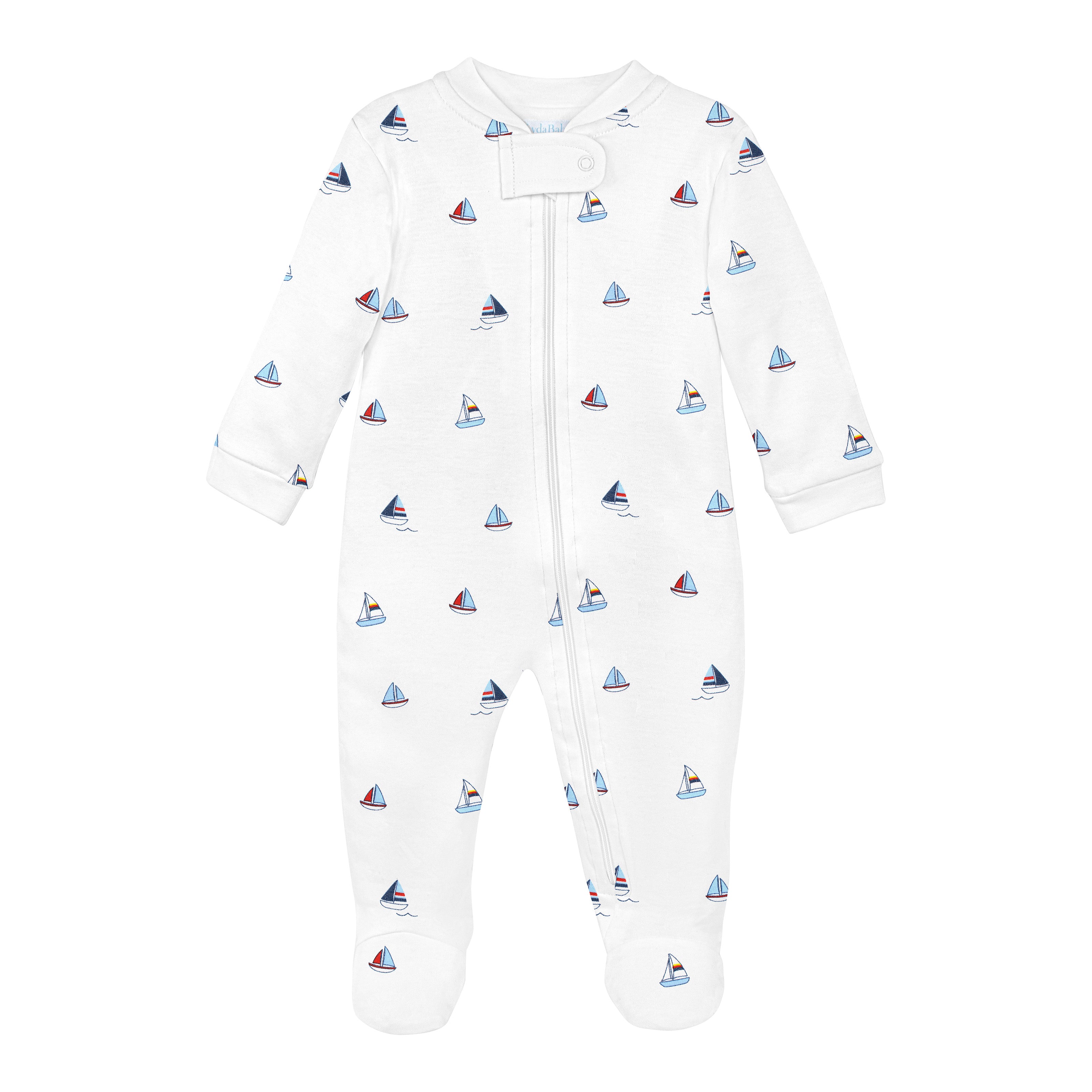 Small Sailboats Printed Zipper Footie | Baby Boy