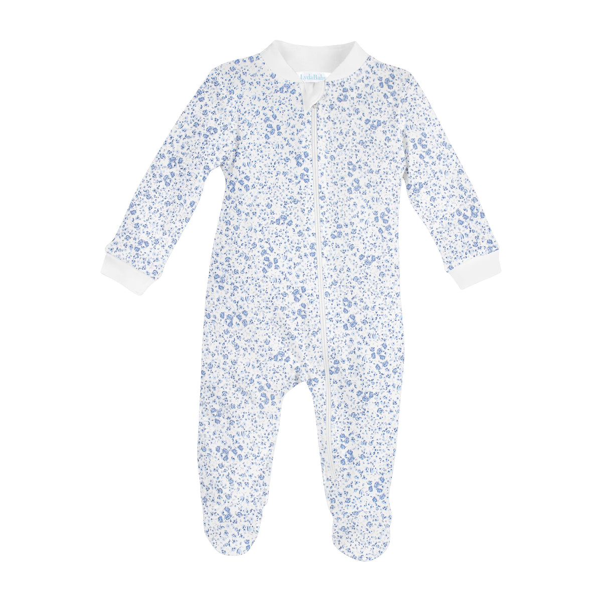 Blue Roses Printed Zipper Footie | Baby Girl