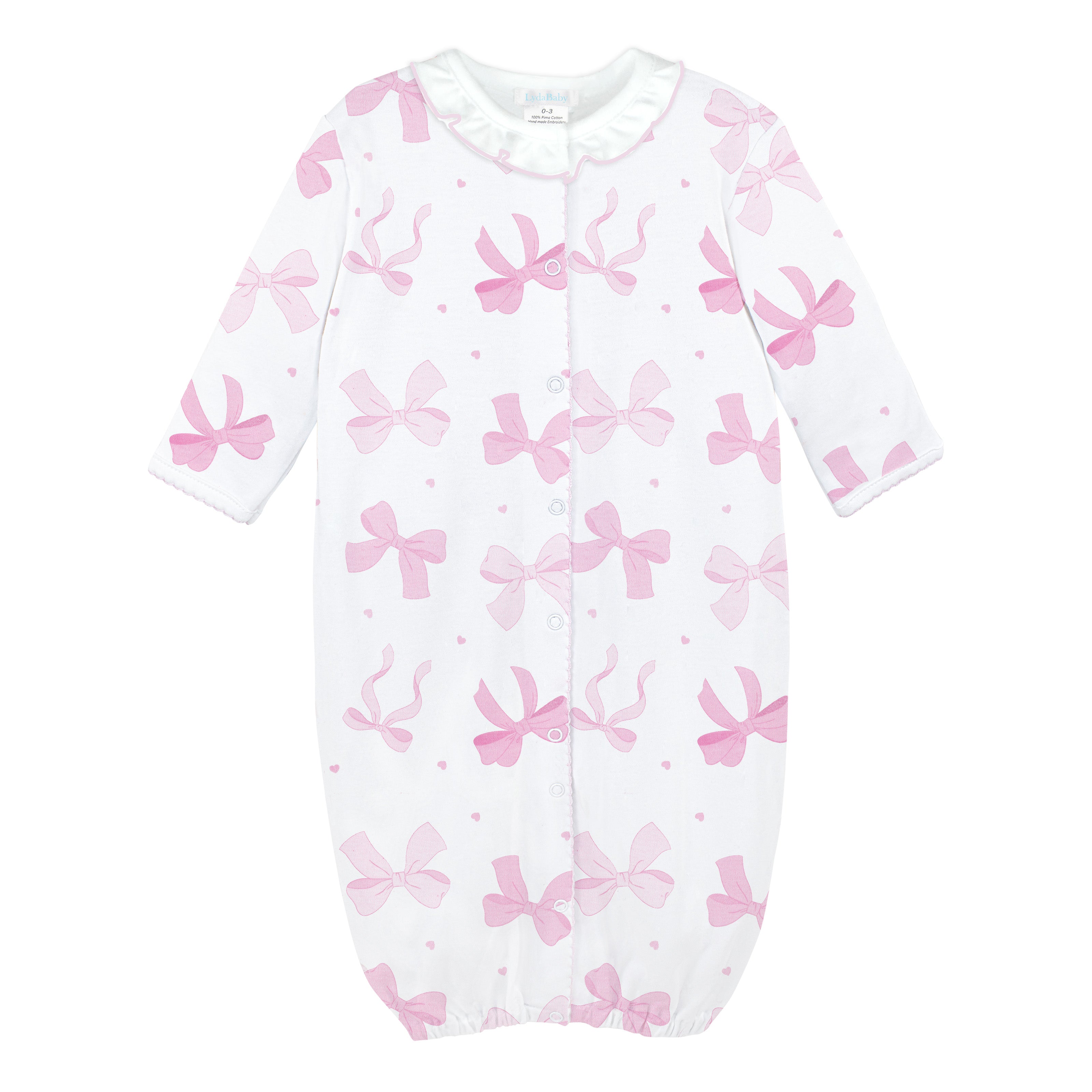 Newborn converter gown with pink bow print and ruffled collar made from soft Peruvian Pima cotton.