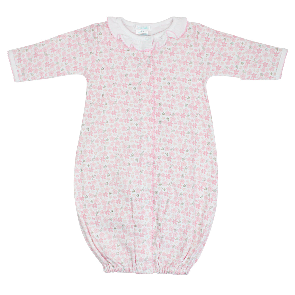 Baby Girl Converter Gown - Pink Flowers Print - nighttime detail