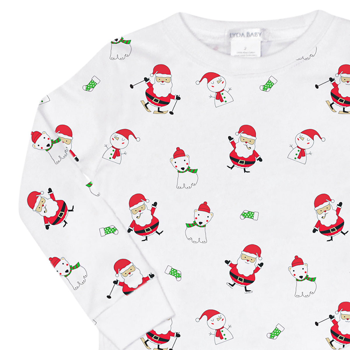 Unisex two-piece baby pajamas in Peruvian Pima cotton with Santa, polar bear, stockings, and snowman Christmas print