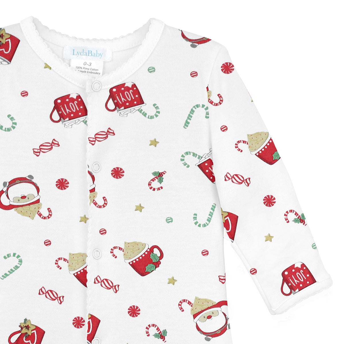 Unisex Christmas footie in Peruvian Pima cotton with festive holiday mugs print, long sleeves, and closed feet.