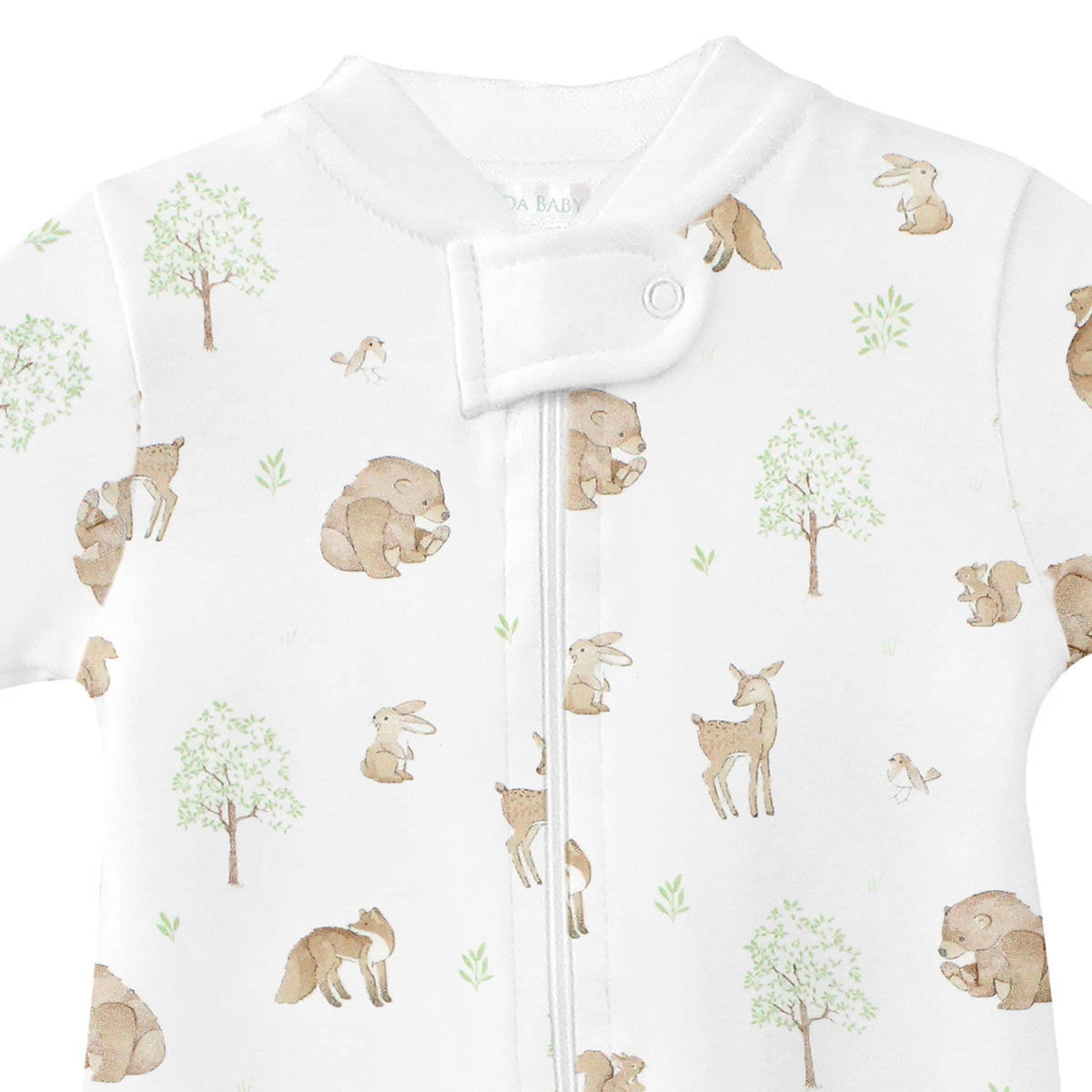  Charming unisex baby zipper featuring woodland friends print on soft organic Peruvian Pima cotton — breathable, cozy, and gentle.