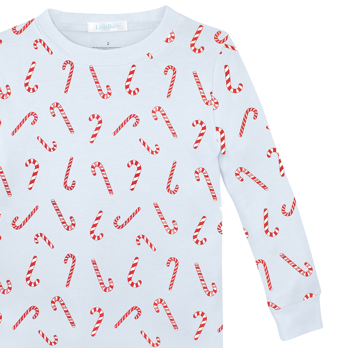 Blue two-piece Christmas pajama set for boys, crafted from Peruvian Pima cotton, with festive red candy cane print on shirt and pants.