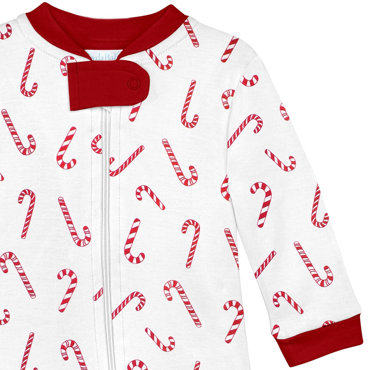 Unisex luxury zipper footie in Peruvian Pima cotton with red candy cane print and red trim