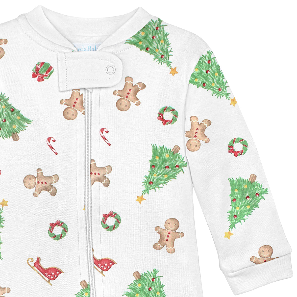 Unisex baby Christmas zipper, long-sleeve, Peruvian Pima cotton, holiday print with trees, Santa’s sleigh, gingerbread cookies, and gifts.