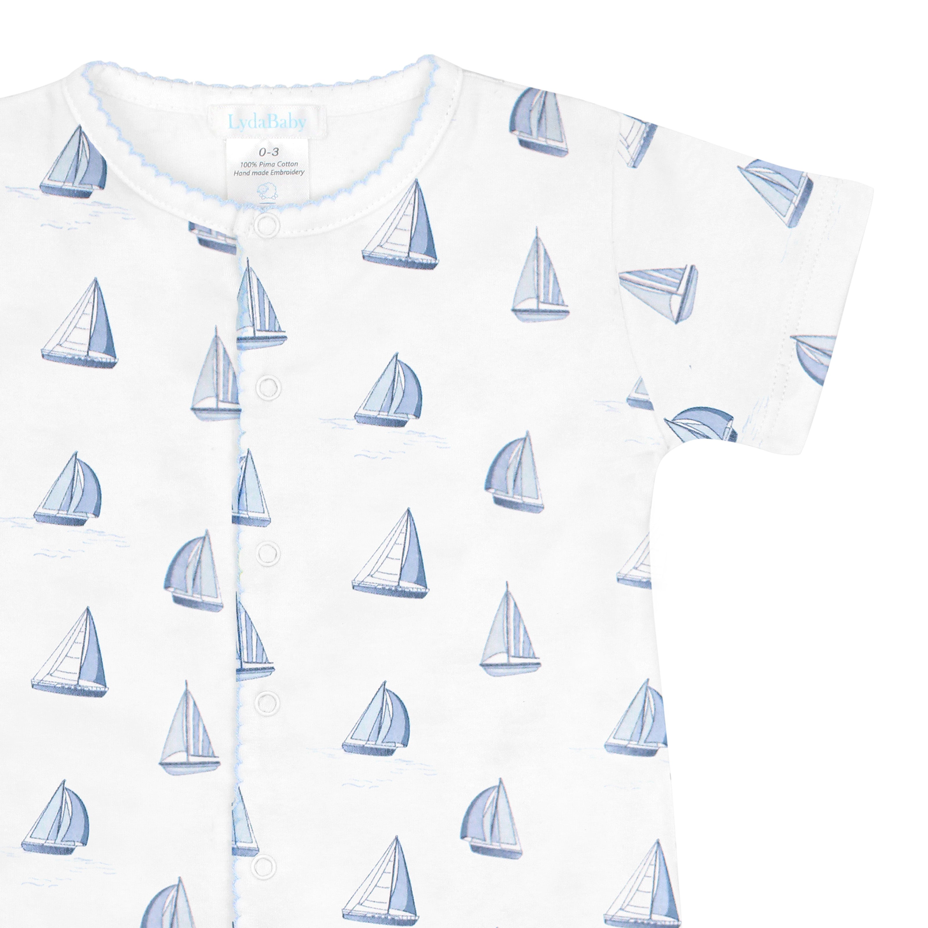 Lydababy, Baby boy short romper with sailboat print made from breathable Peruvian Pima cotton