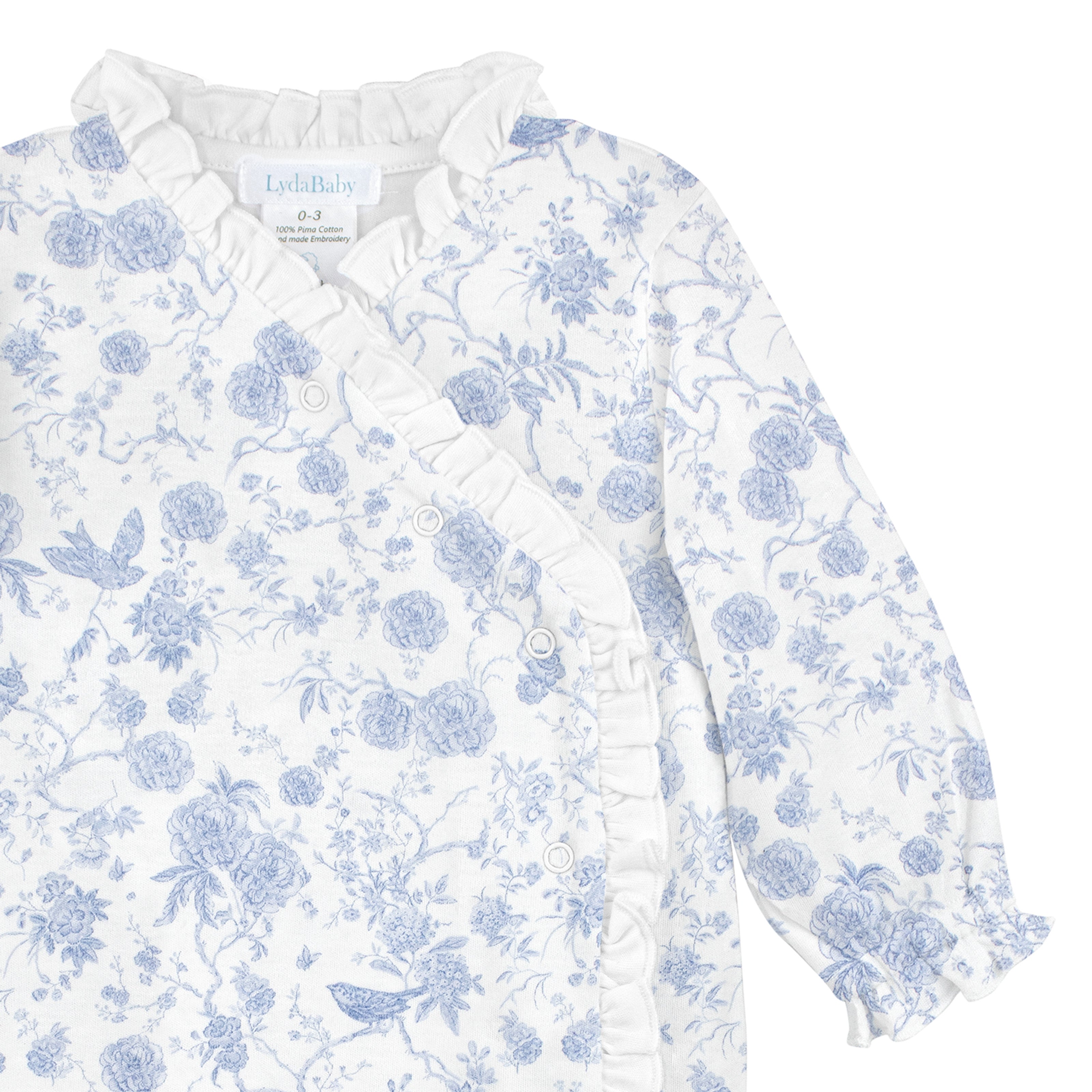 LydaBaby, Luxury baby girl snap footie with blue Toile de Jouy floral print in Peruvian Pima cotton.
