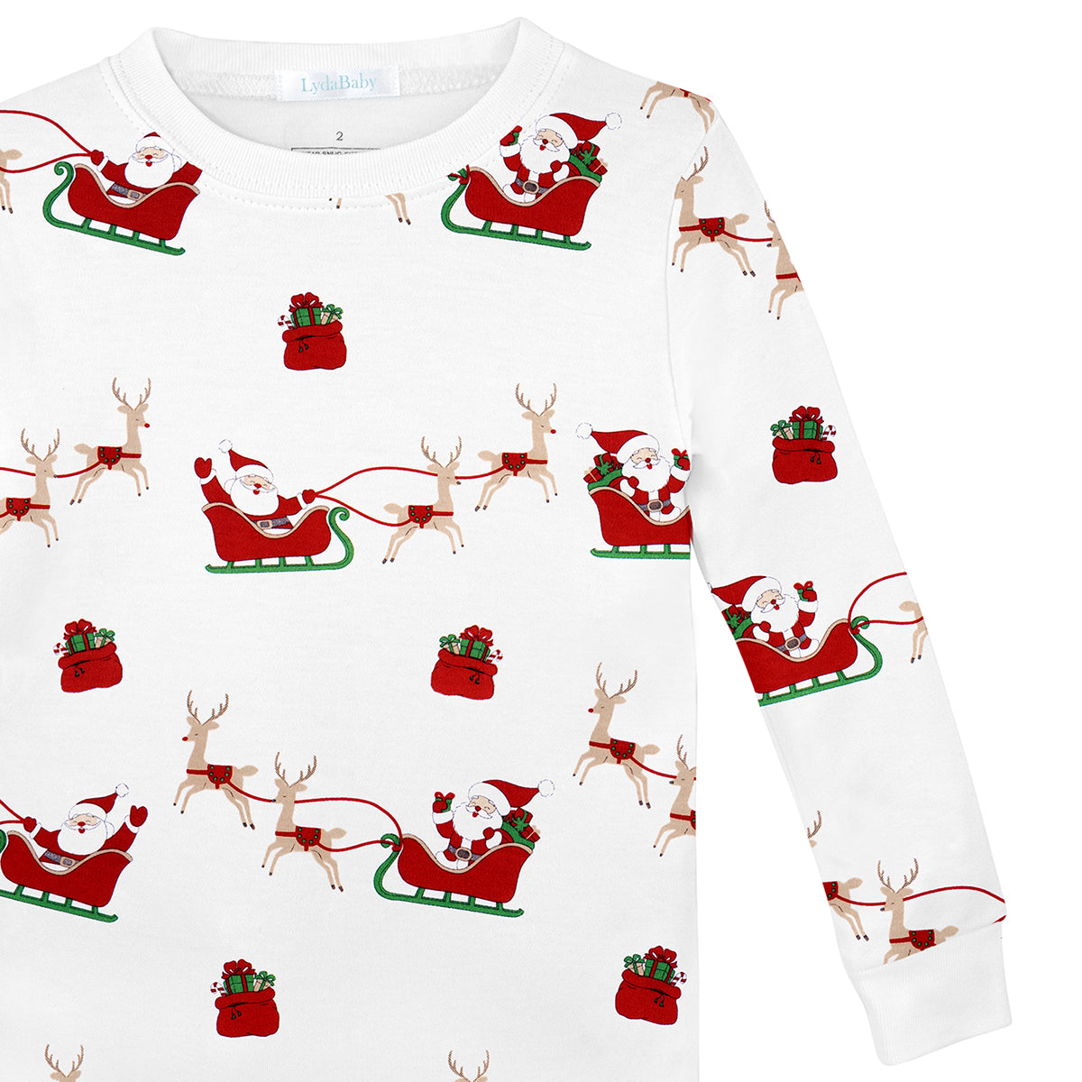 Unisex two-piece baby pajamas in Peruvian Pima cotton with Santa sleigh and reindeer Christmas print