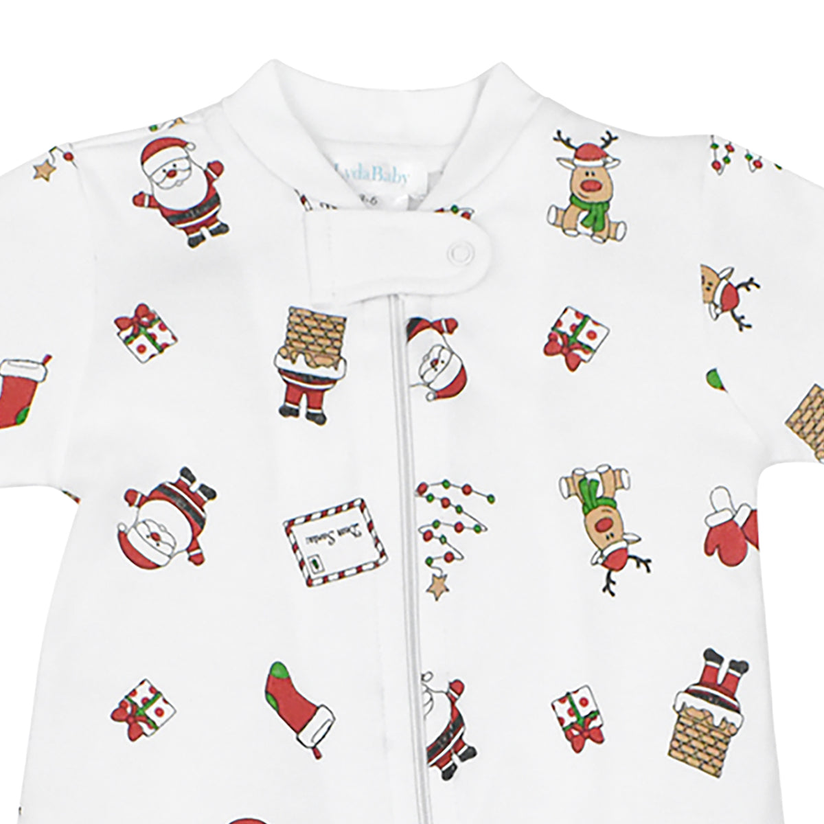 Unisex zipper footie in Peruvian Pima cotton with Christmas icons print – Santa, chimney, stockings, gifts, and reindeer