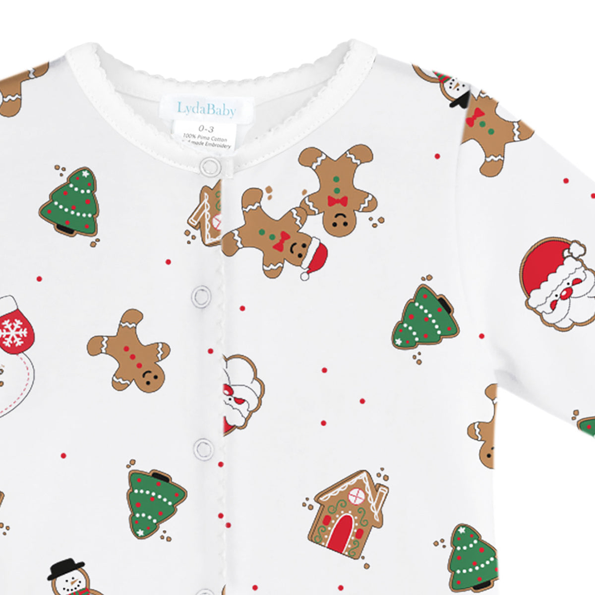 Unisex Christmas footie for baby in Peruvian Pima cotton with gingerbread, Santa, and holiday treats print, long sleeves, and closed feet.