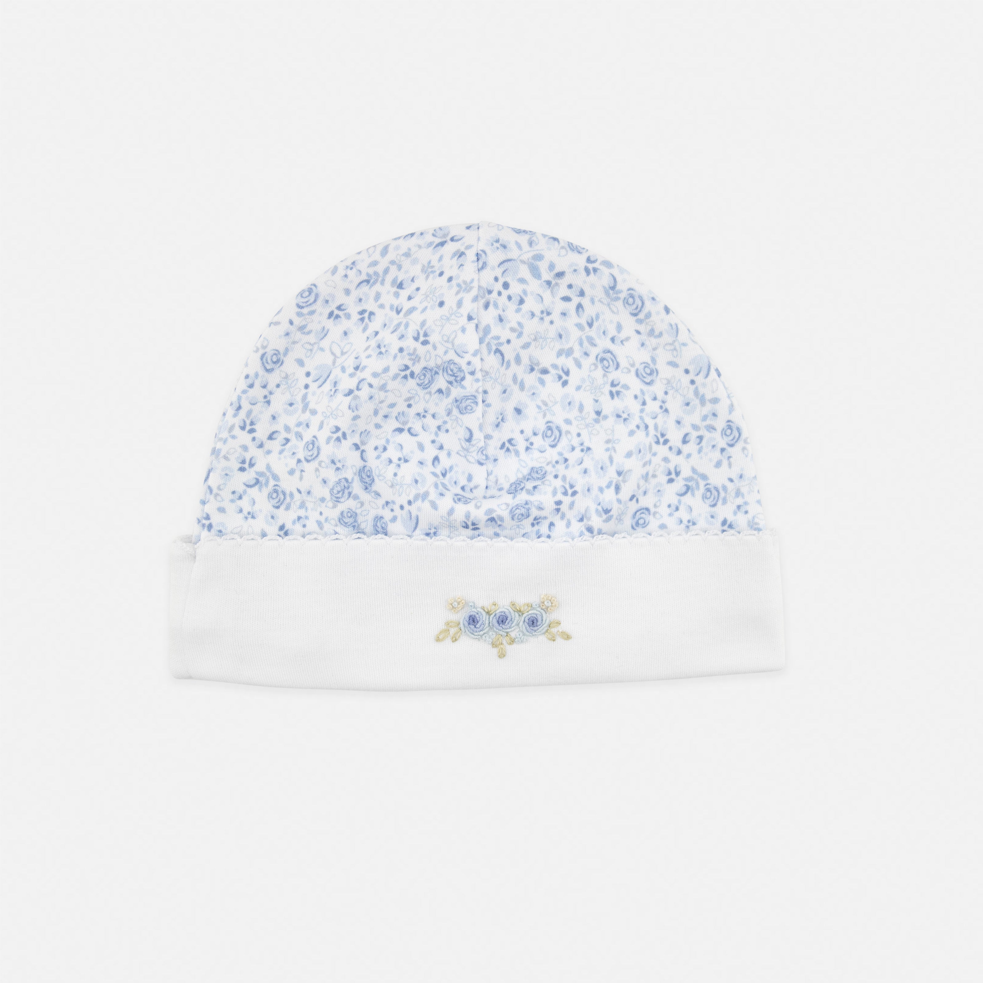 Blue Roses Embroidery and Printed Hat | Baby Girl