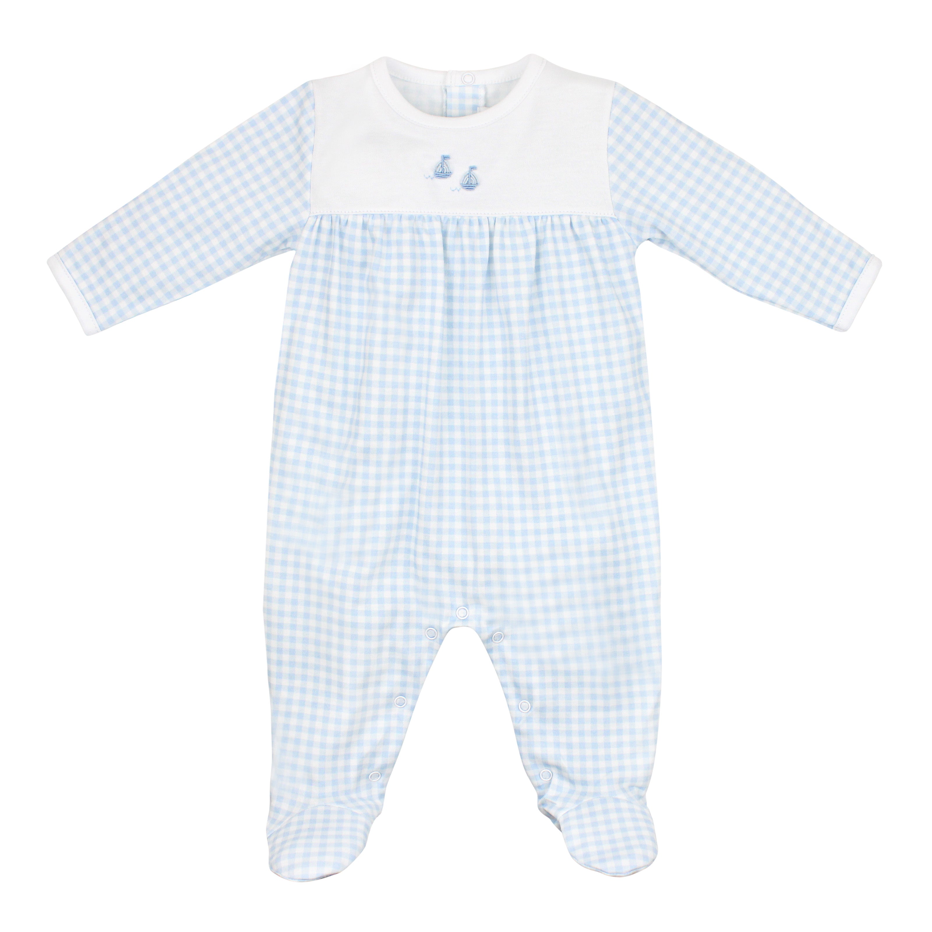 Gingham and Boats Embroidery and Printed Footie | Baby Boy