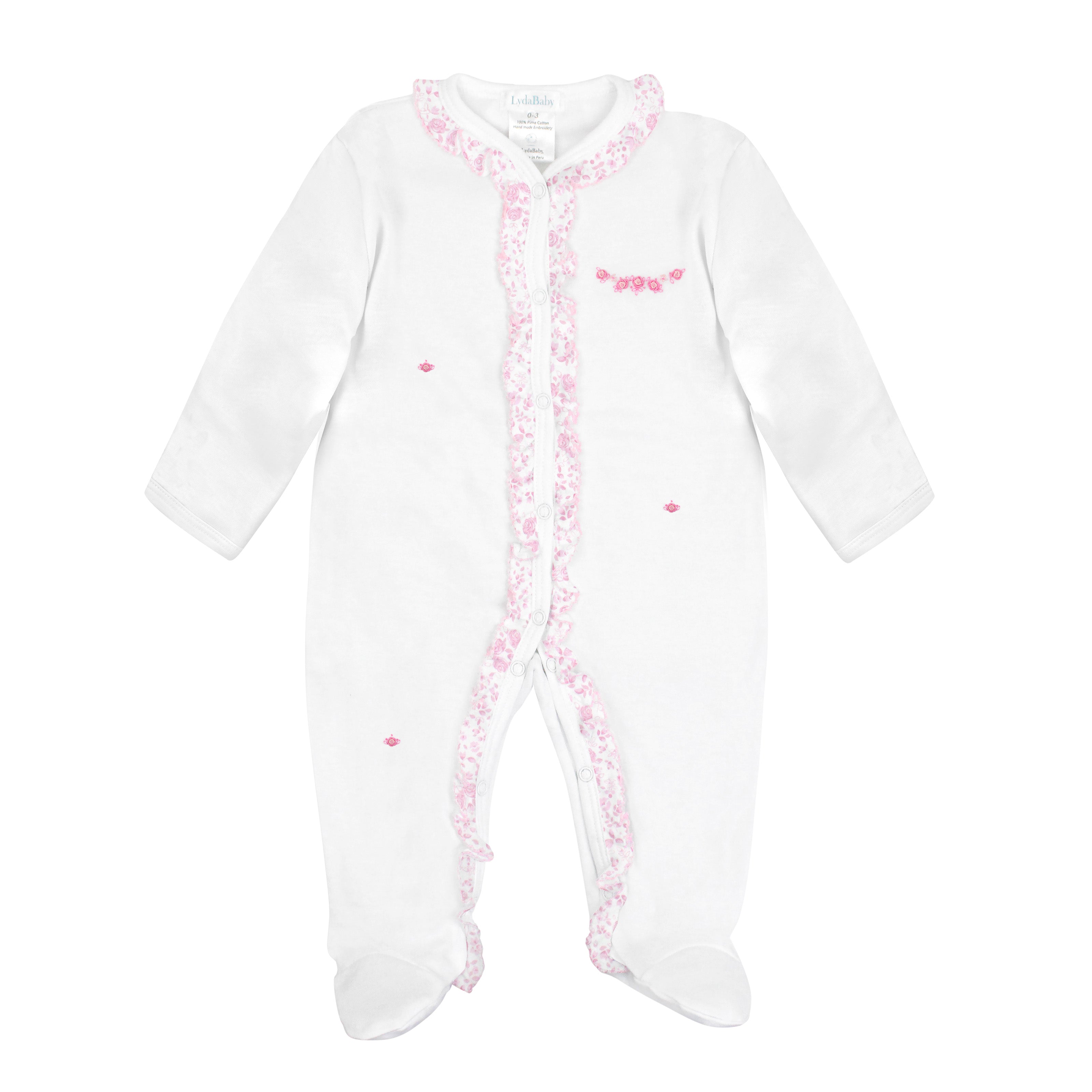 Pink Roses Garden Embroidery and Printed Footie | Baby Girl