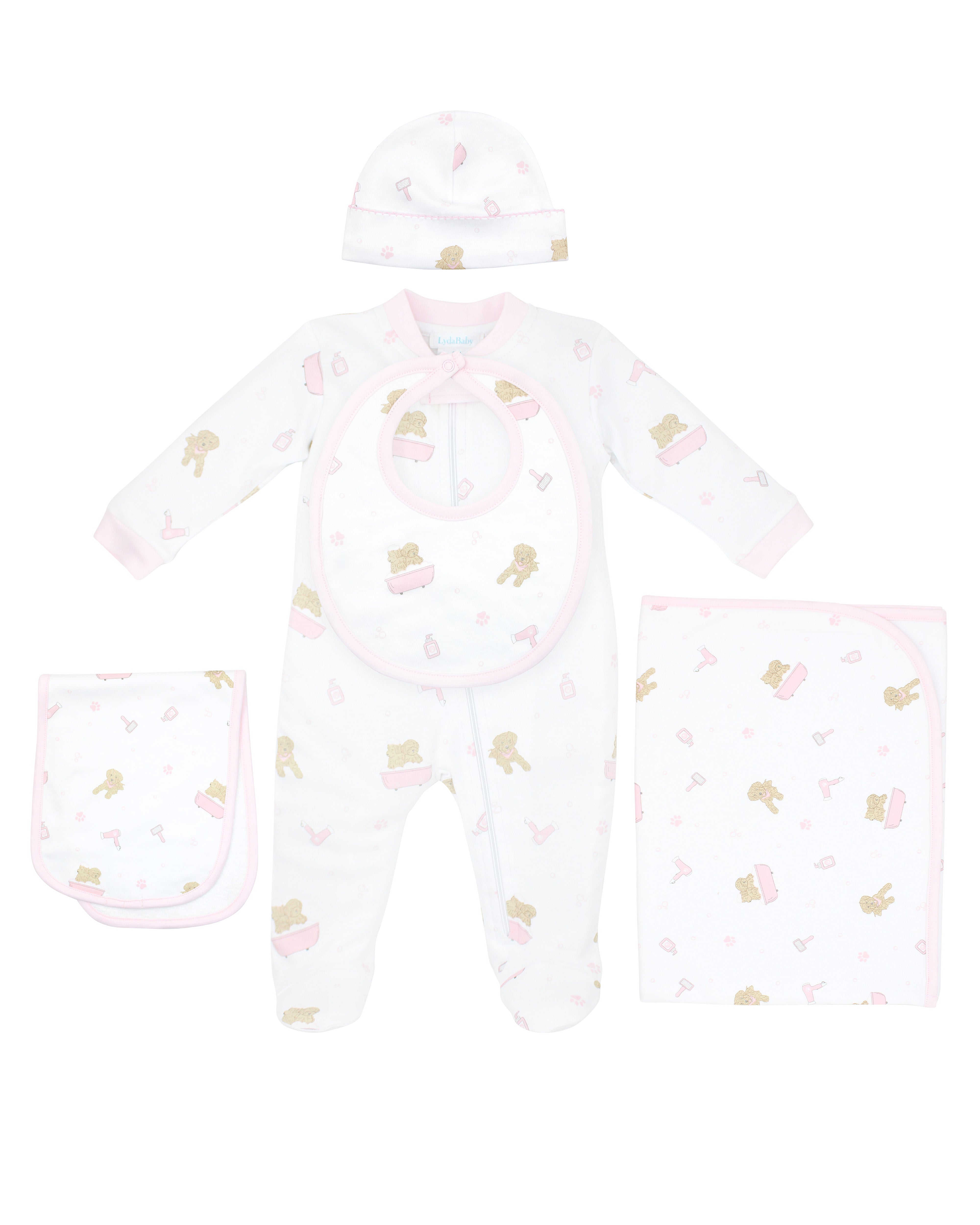 Baby girl 5-piece set with spa pet print, crafted in ultra-soft Peruvian Pima cotton — ideal for newborn comfort and gifting.