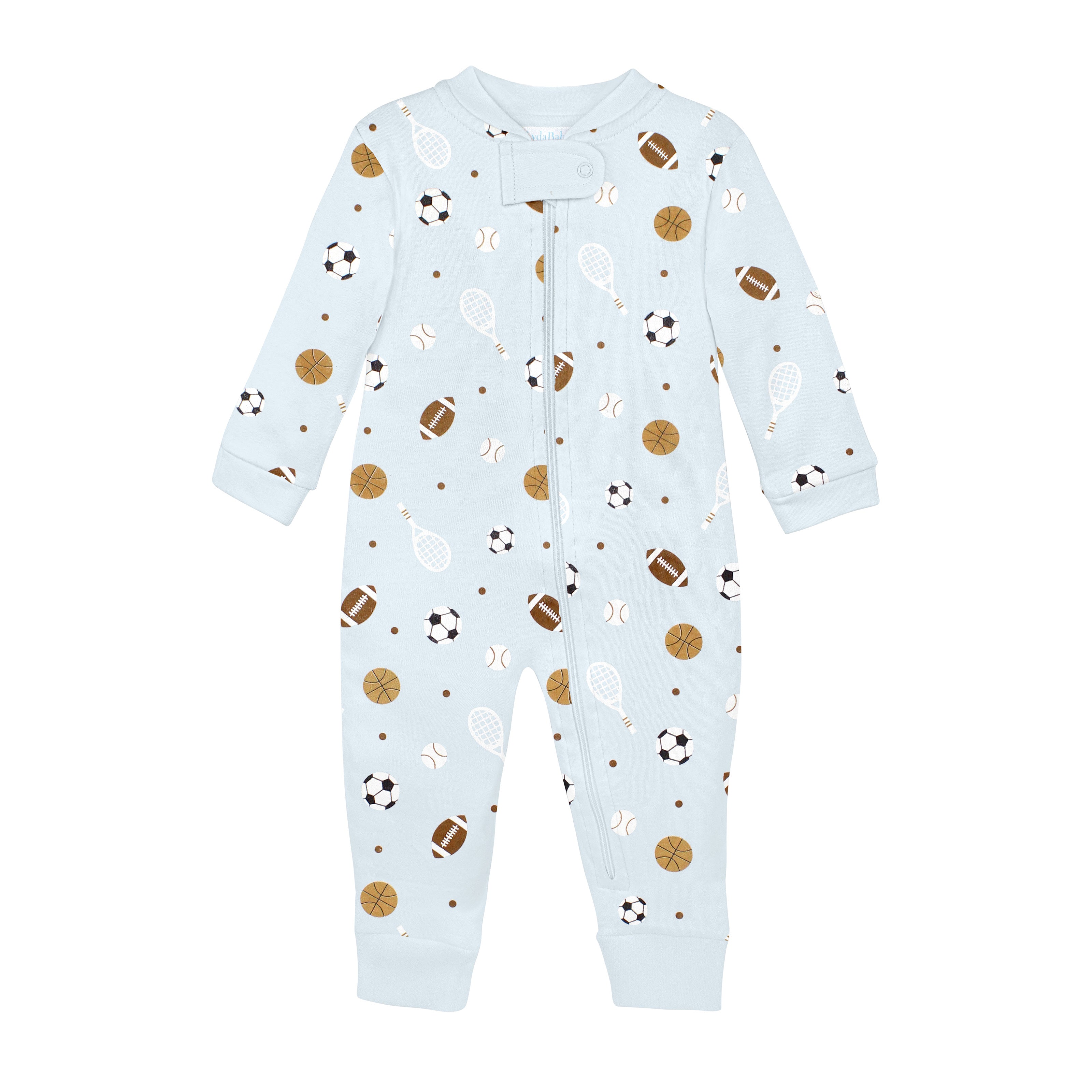 Baby boy zipper footie with sports balls print made from luxurious Peruvian Pima cotton