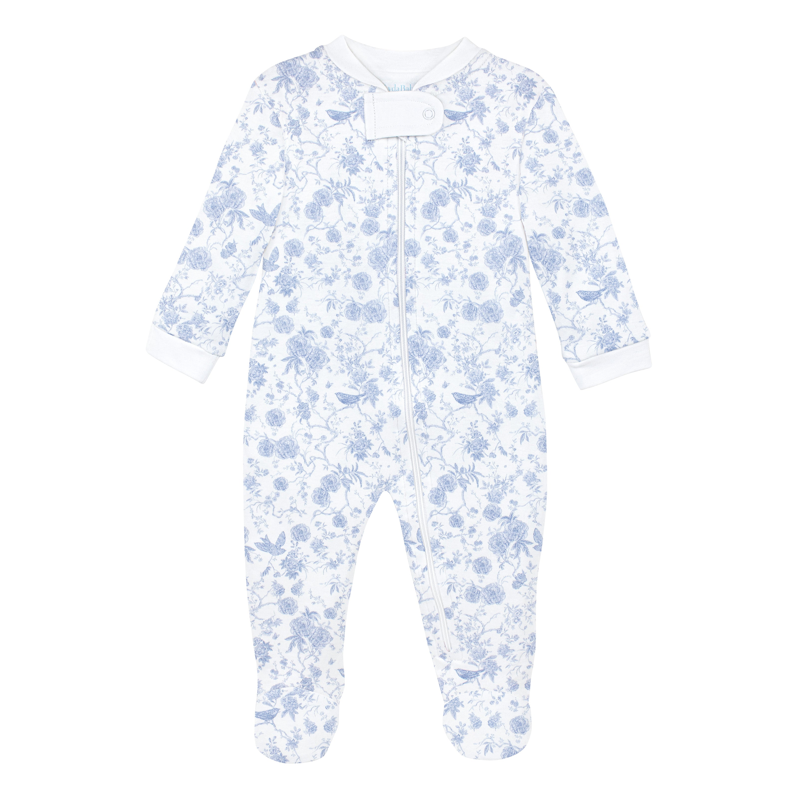 Luxury light blue newborn zipper footie featuring Autumn Garden floral print crafted from premium Peruvian Pima cotton.