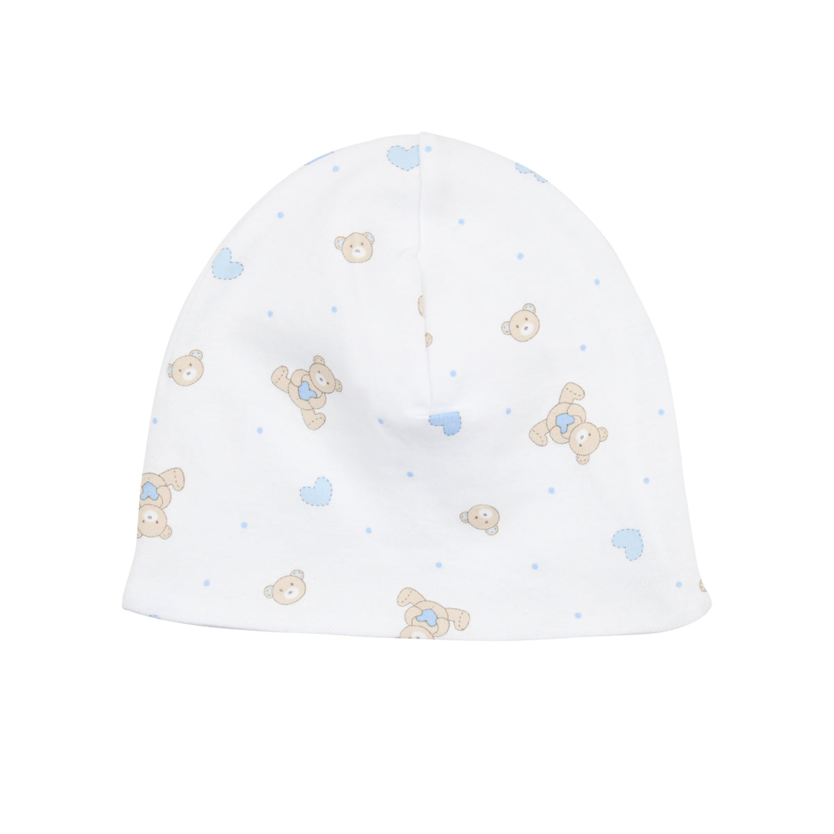 Baby boy beanie in soft Peruvian Pima cotton with teddy bear and heart print — breathable luxury baby hat from boutique baby clothing collections.
