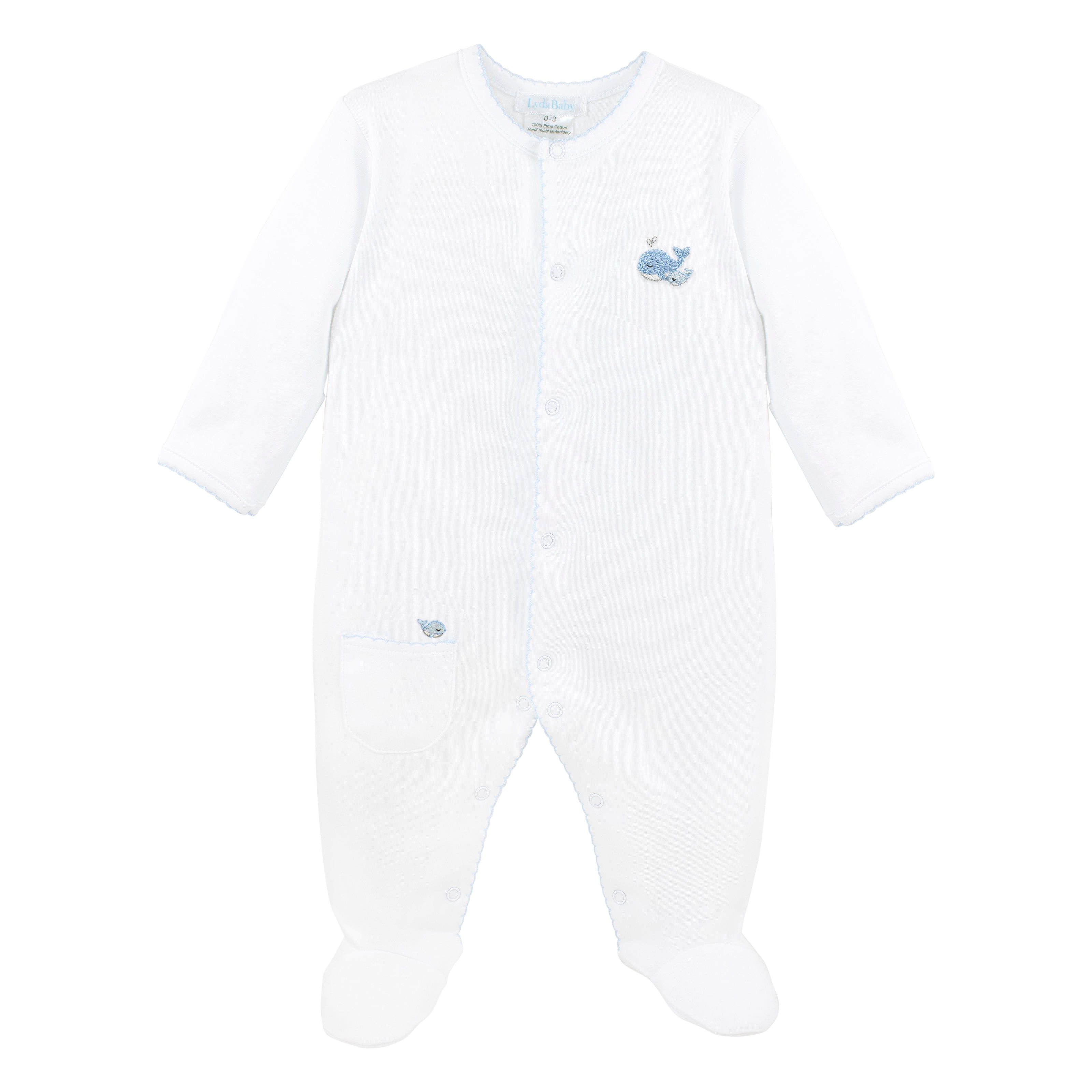  Luxury baby boy footie made of soft Peruvian Pima cotton with whale embroidery — boutique baby clothes for sustainable baby clothing lovers.
