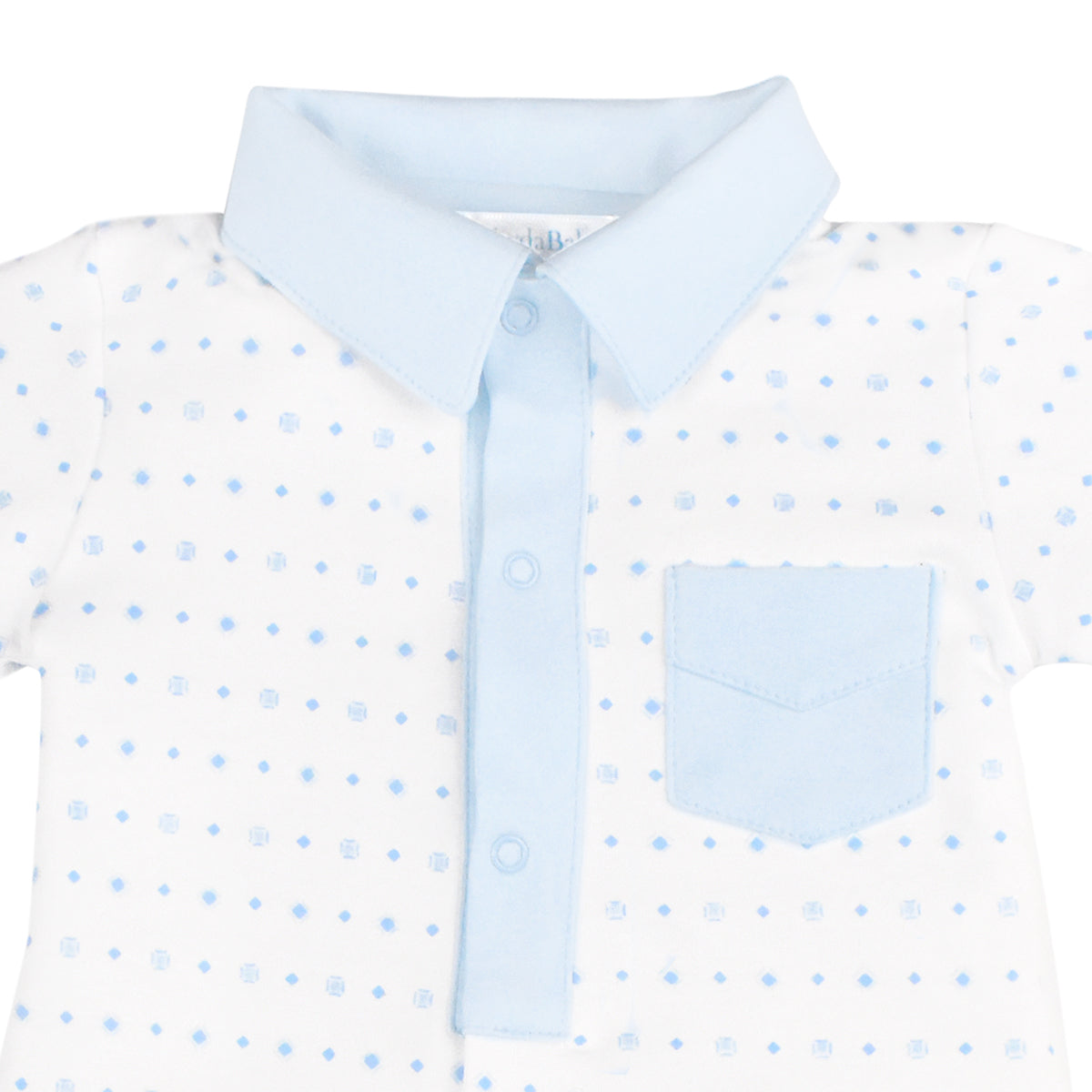 Peruvian Pima cotton baby boy footie with blue collar and chest pocket