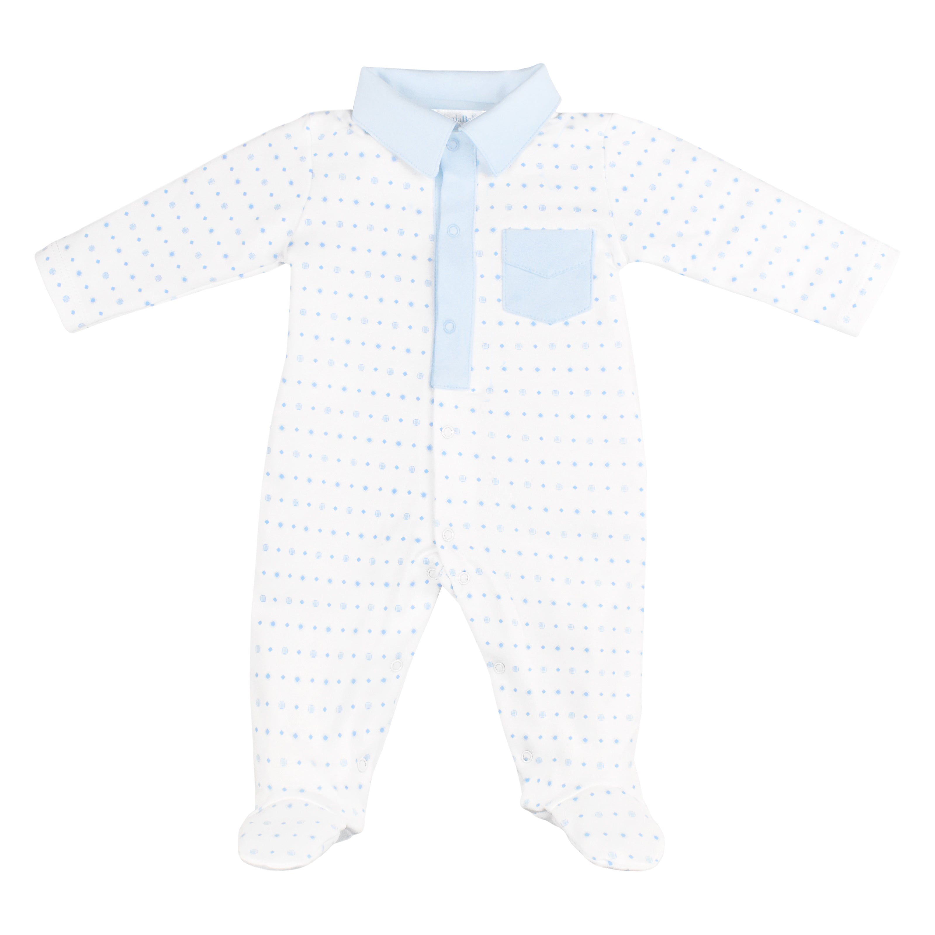 Luxury baby boy clothes — white footie with polka dots and snap closures