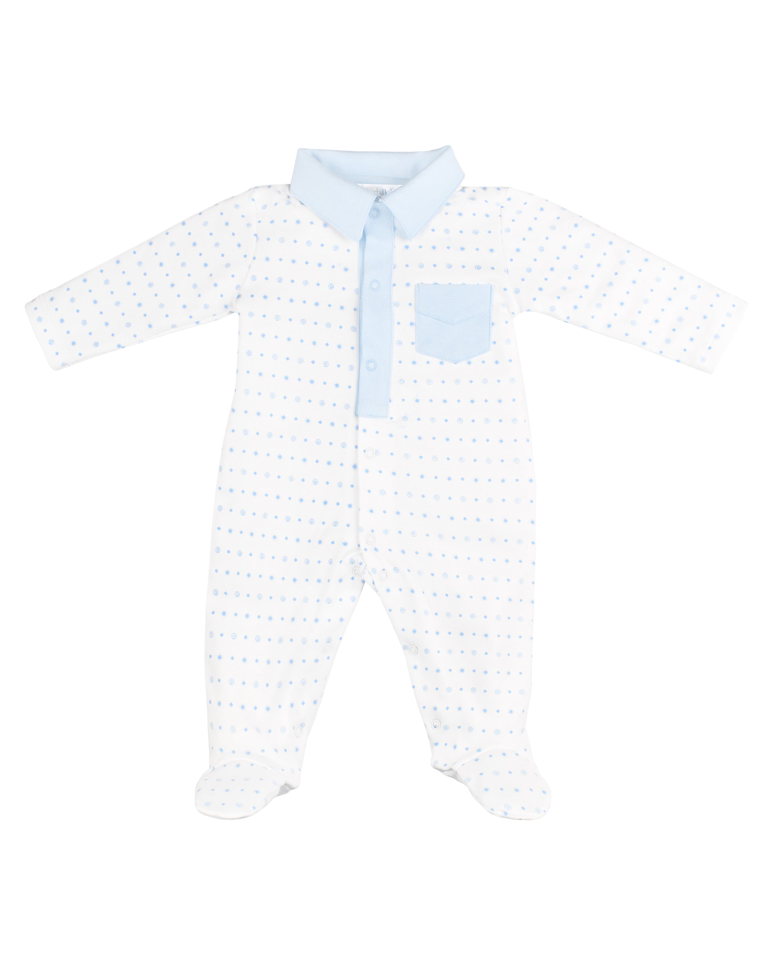 Luxury baby boy clothes — white footie with polka dots and snap closures