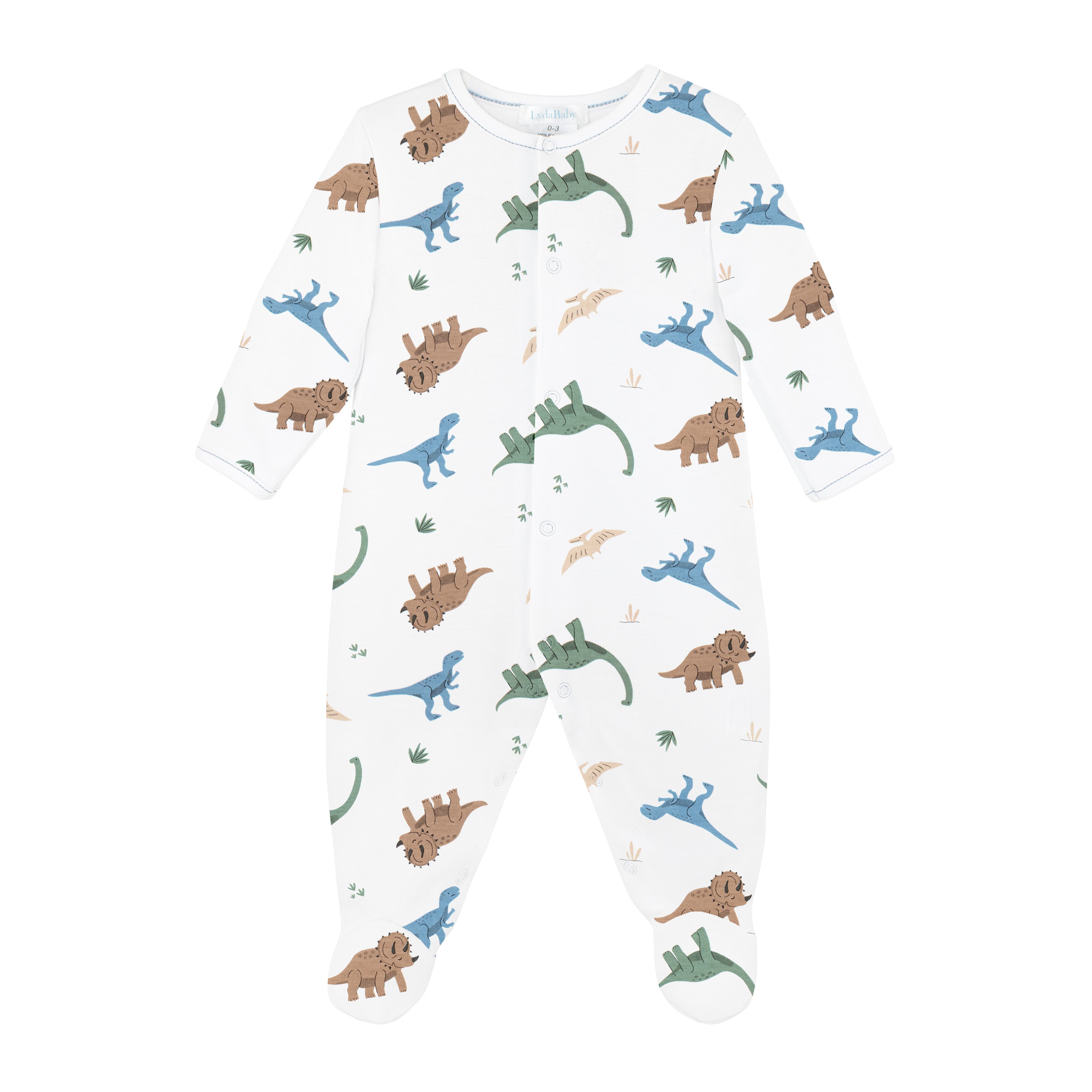 White baby boy footie with all-over dinosaur print in brown, green, and blue.