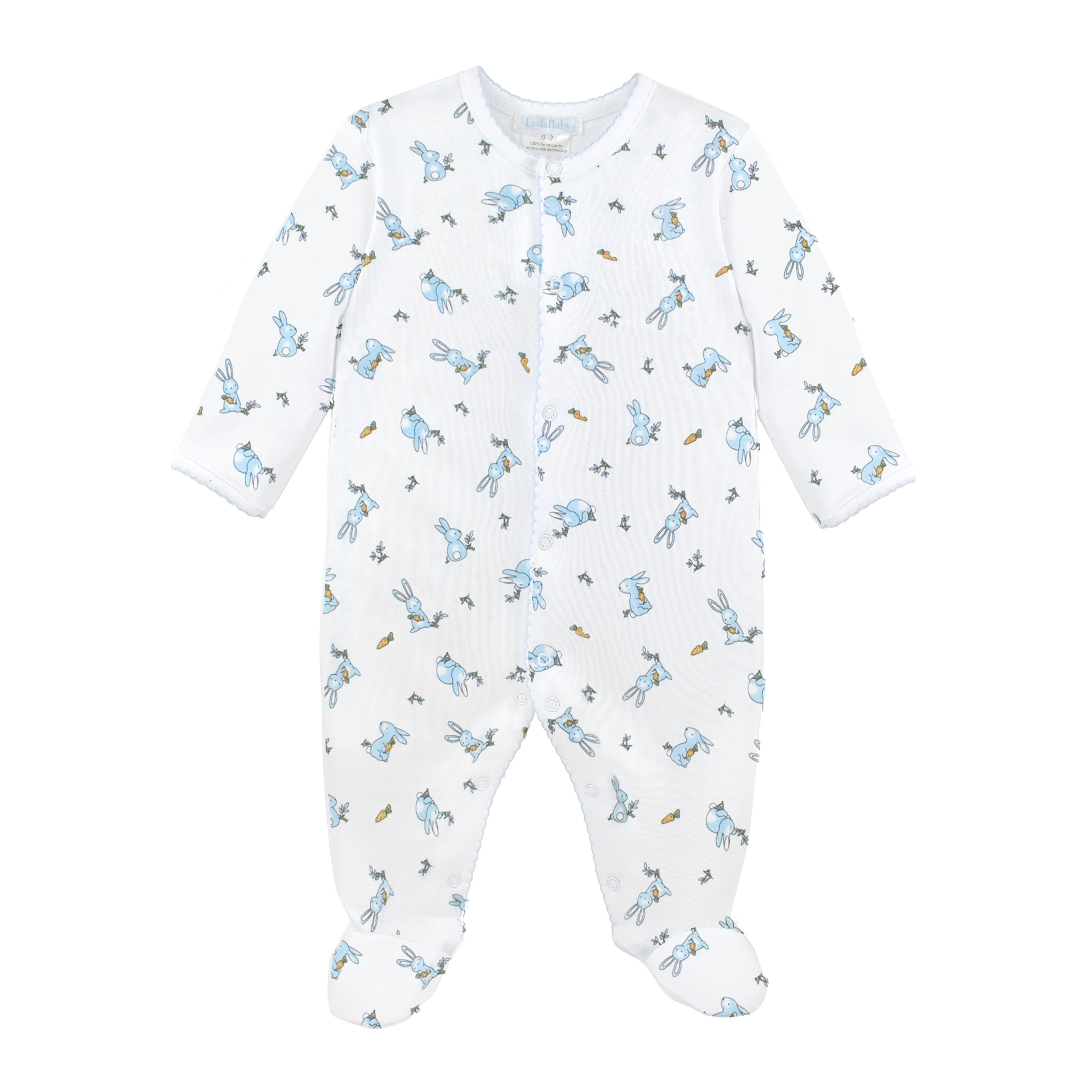 Adorable baby boy footie in soft Peruvian Pima cotton with playful rabbit print — breathable, hypoallergenic, and perfect for luxury boutique baby clothes and newborn essentials.