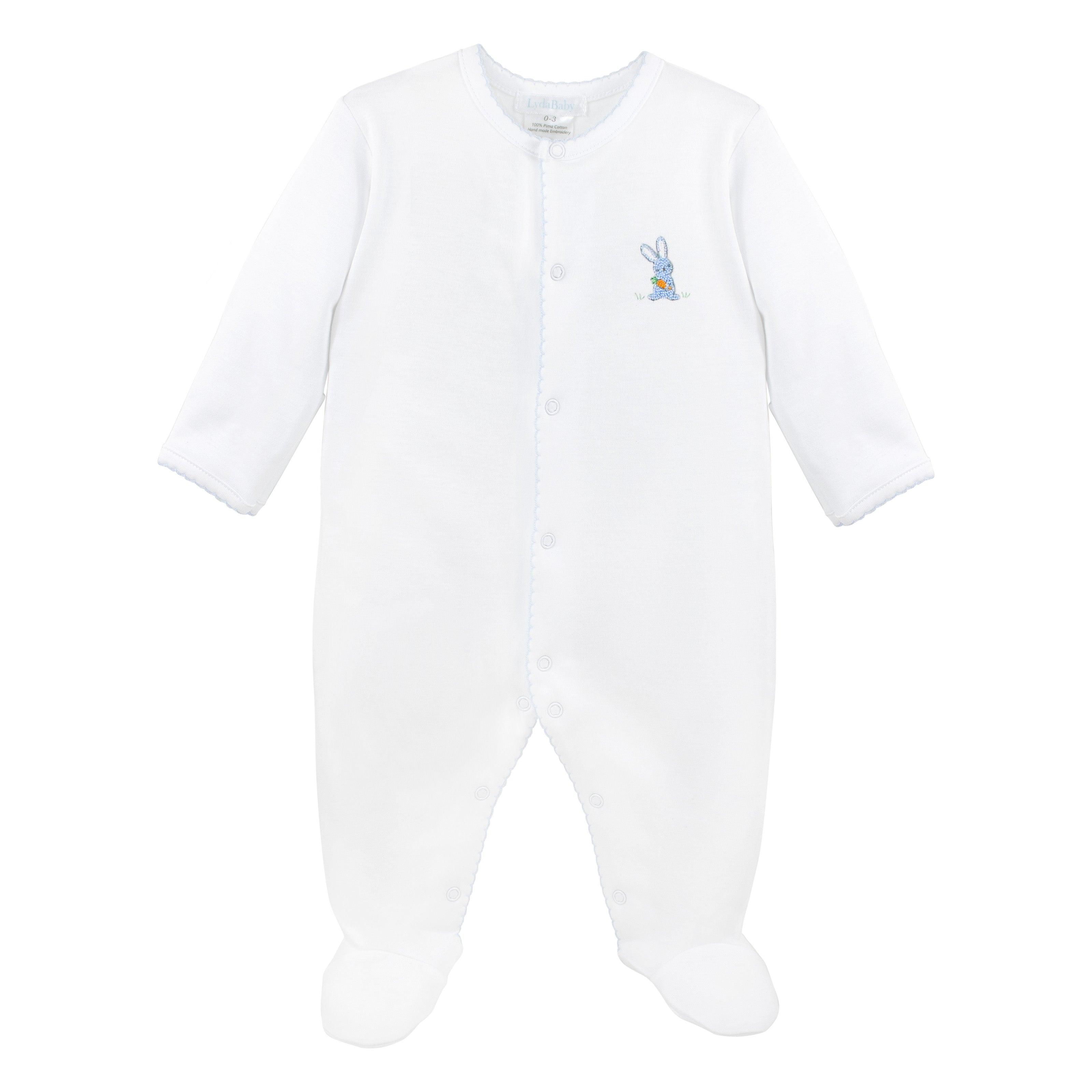 Cute baby boy footie with hand-embroidered rabbits, made from Peruvian Pima cotton — breathable boutique baby clothes for newborn outfits.
