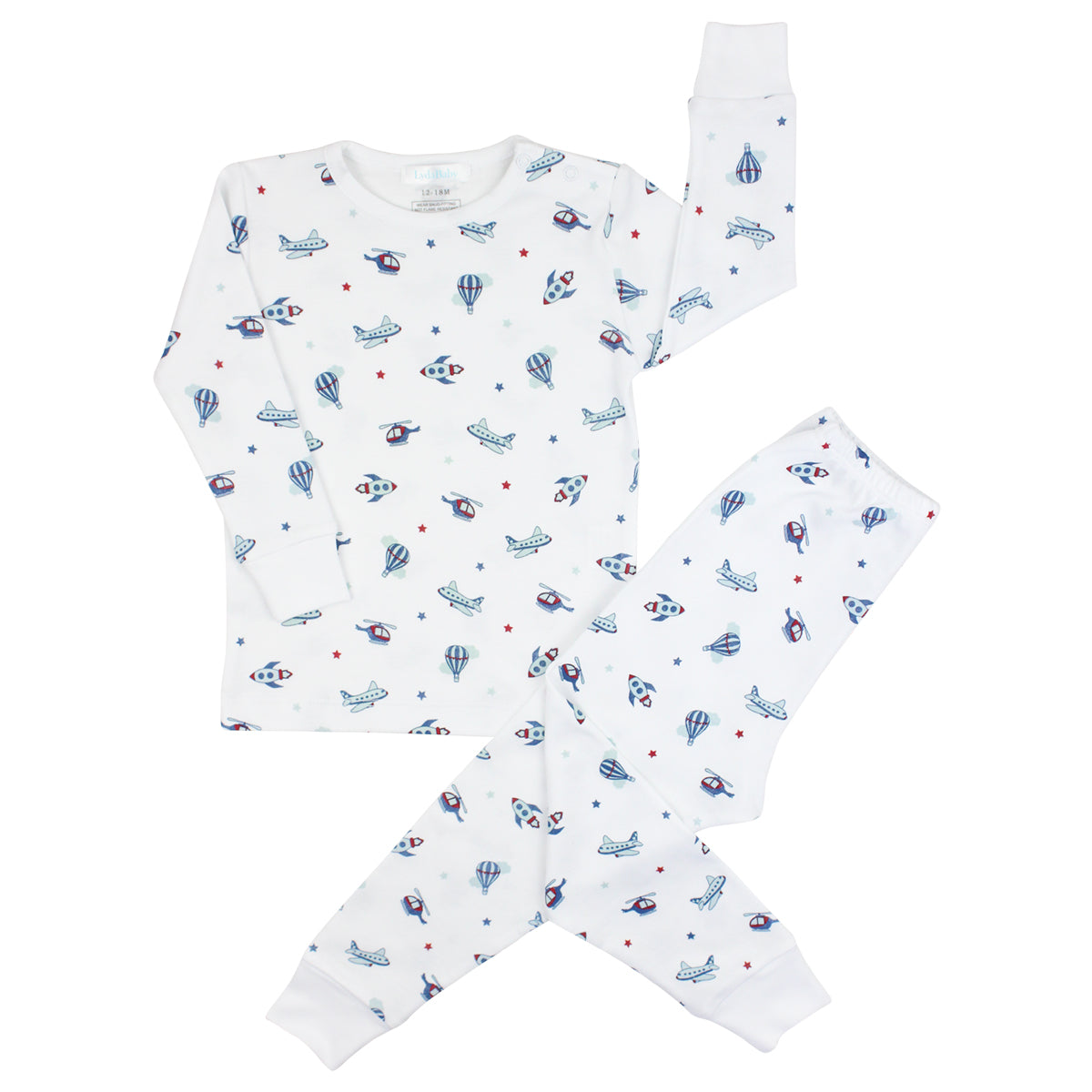 Soft baby boy pajama set in Peruvian Pima cotton with 'Air transports' print — breathable and hypoallergenic luxury sleepwear from boutique baby clothing collections.