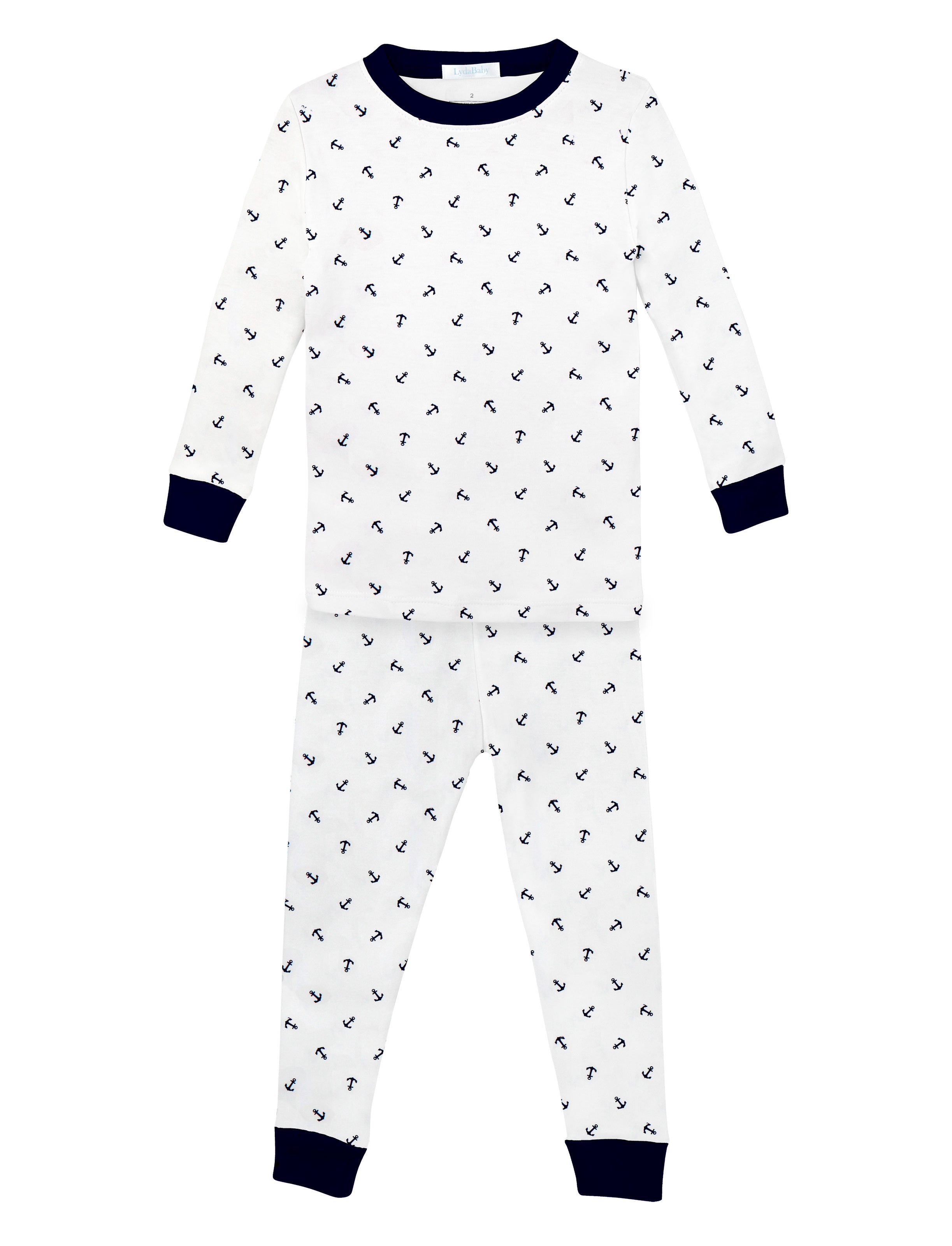 Soft baby boy pajama set in Peruvian Pima cotton with 'Anchors' print — breathable and hypoallergenic luxury sleepwear from boutique baby clothing collections.