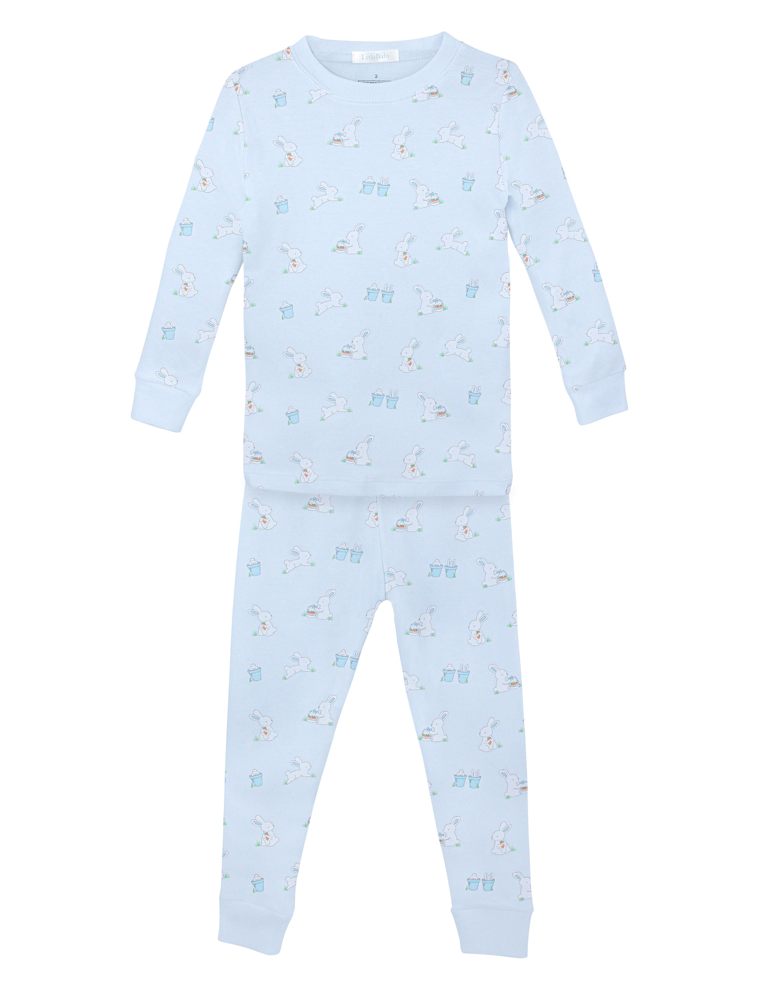 Soft baby boy pajama set in Peruvian Pima cotton with 'Bunnies in the garden' print — breathable and hypoallergenic luxury sleepwear from boutique baby clothing collections.
