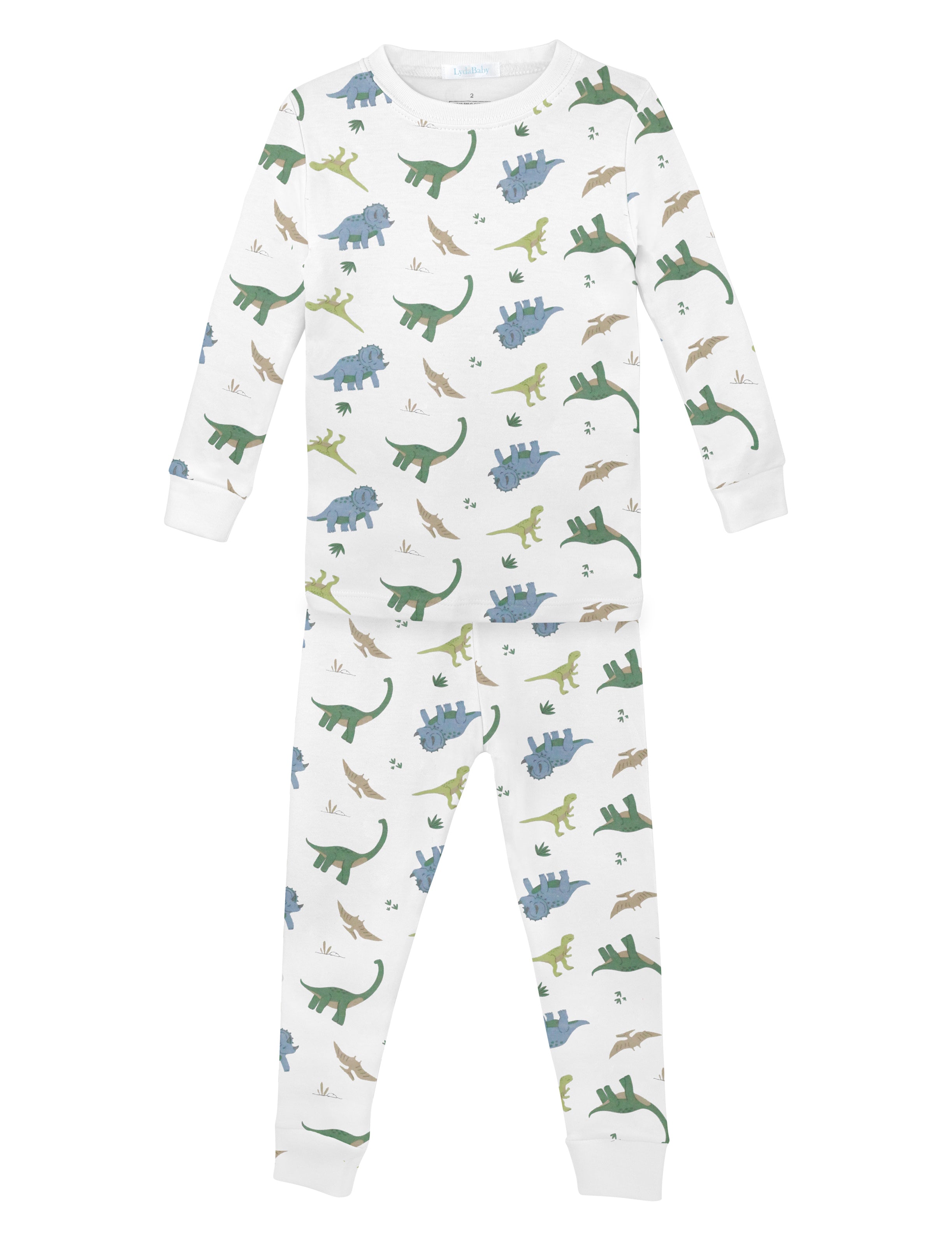 Soft baby boy pajama set in Peruvian Pima cotton with 'Dino world' print — breathable and hypoallergenic luxury sleepwear from boutique baby clothing collections.
