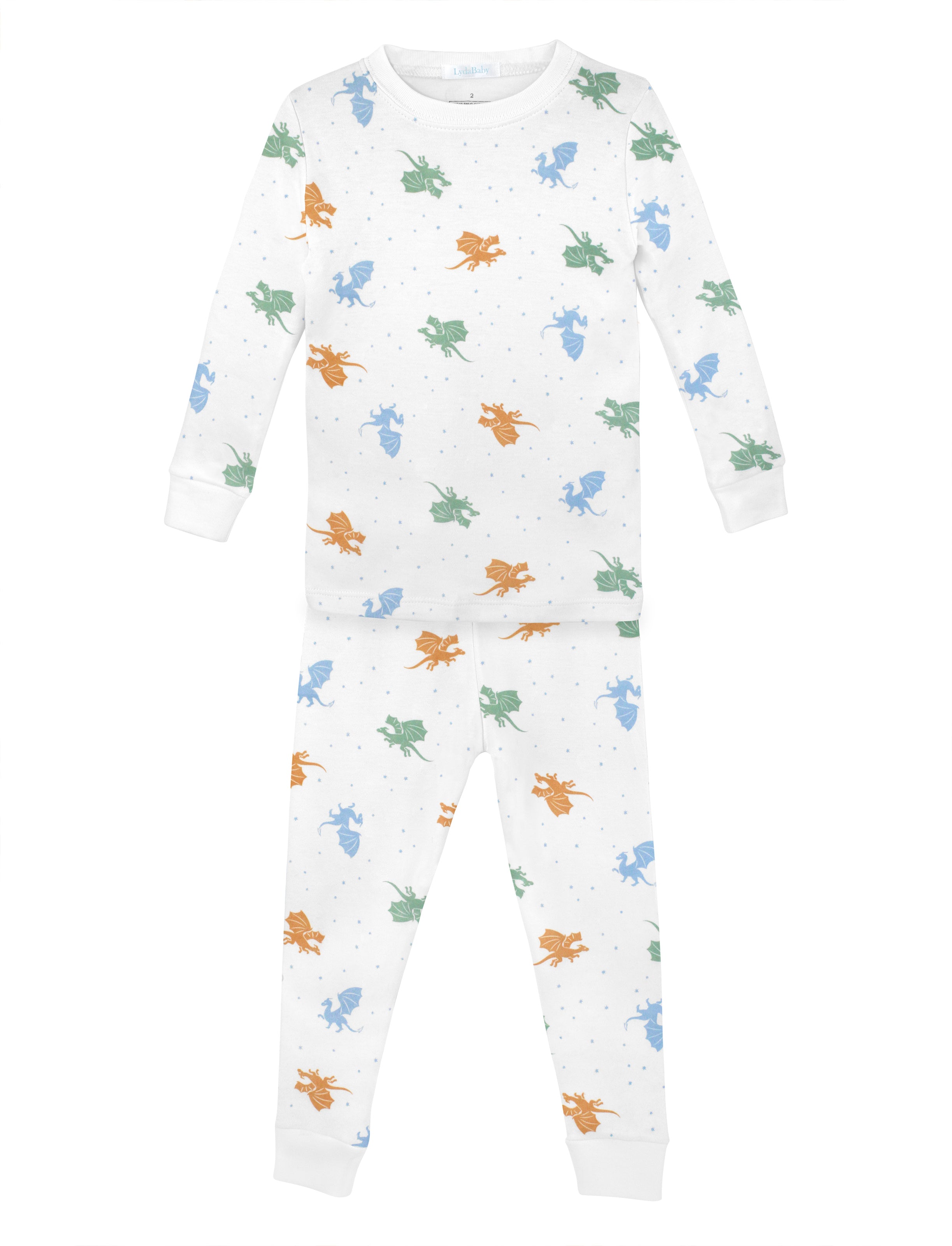 Soft baby boy pajama set in Peruvian Pima cotton with 'Dragons' print — breathable and hypoallergenic luxury sleepwear from boutique baby clothing collections.

