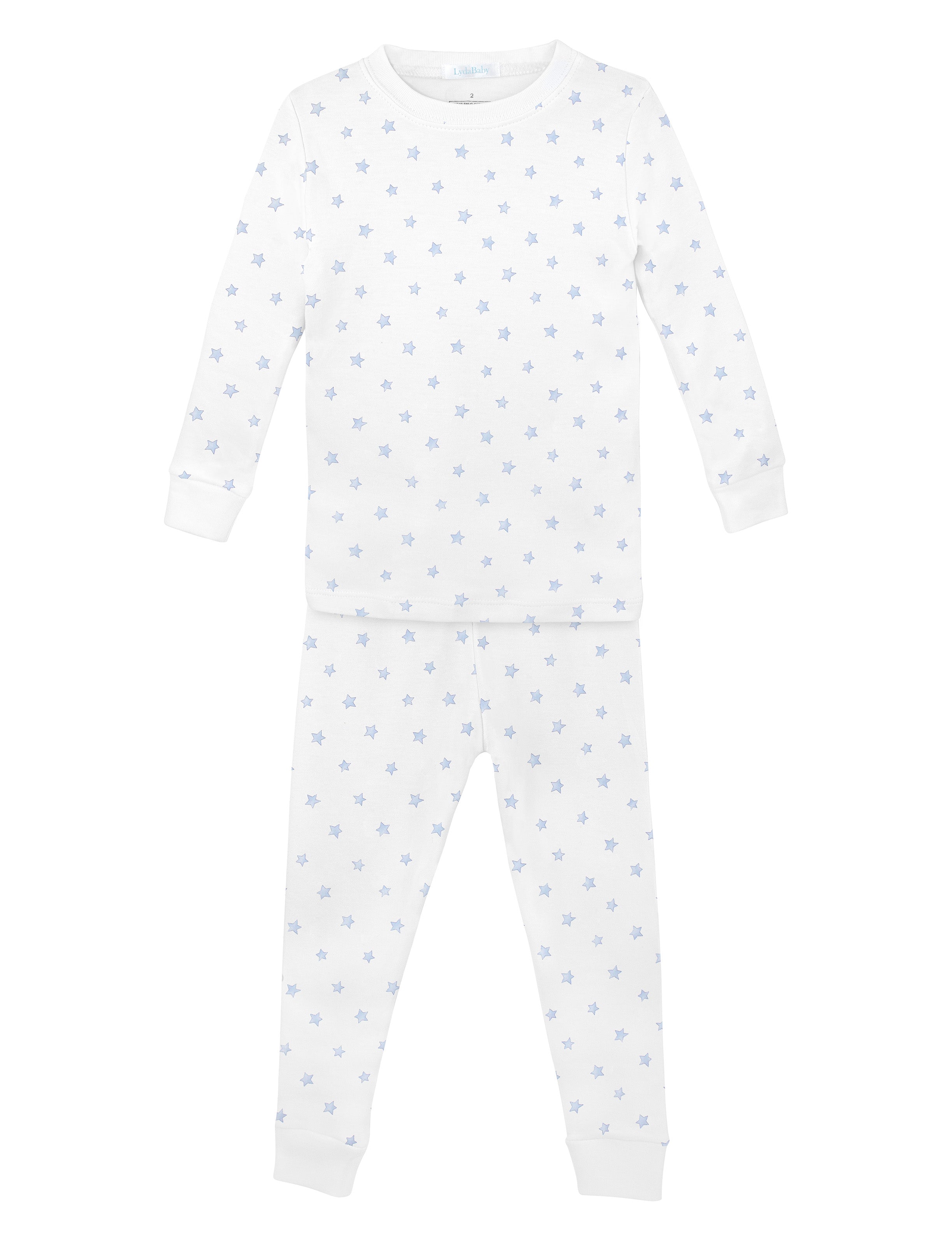 Soft baby boy pajama set in Peruvian Pima cotton with 'Festive stars' print — breathable and hypoallergenic luxury sleepwear from boutique baby clothing collections.
