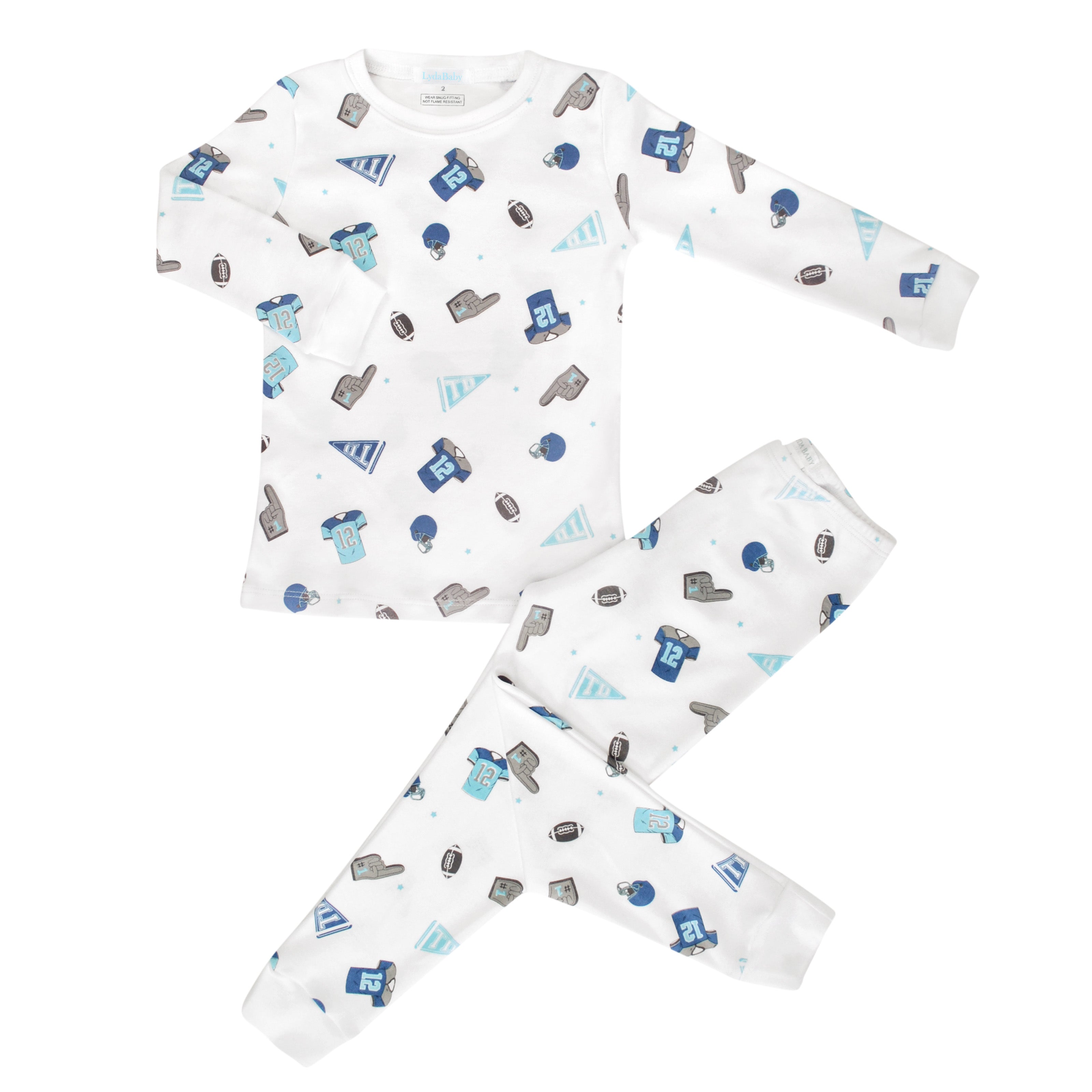 Soft baby boy pajama set in Peruvian Pima cotton with 'Football day' print — breathable and hypoallergenic luxury sleepwear from boutique baby clothing collections.