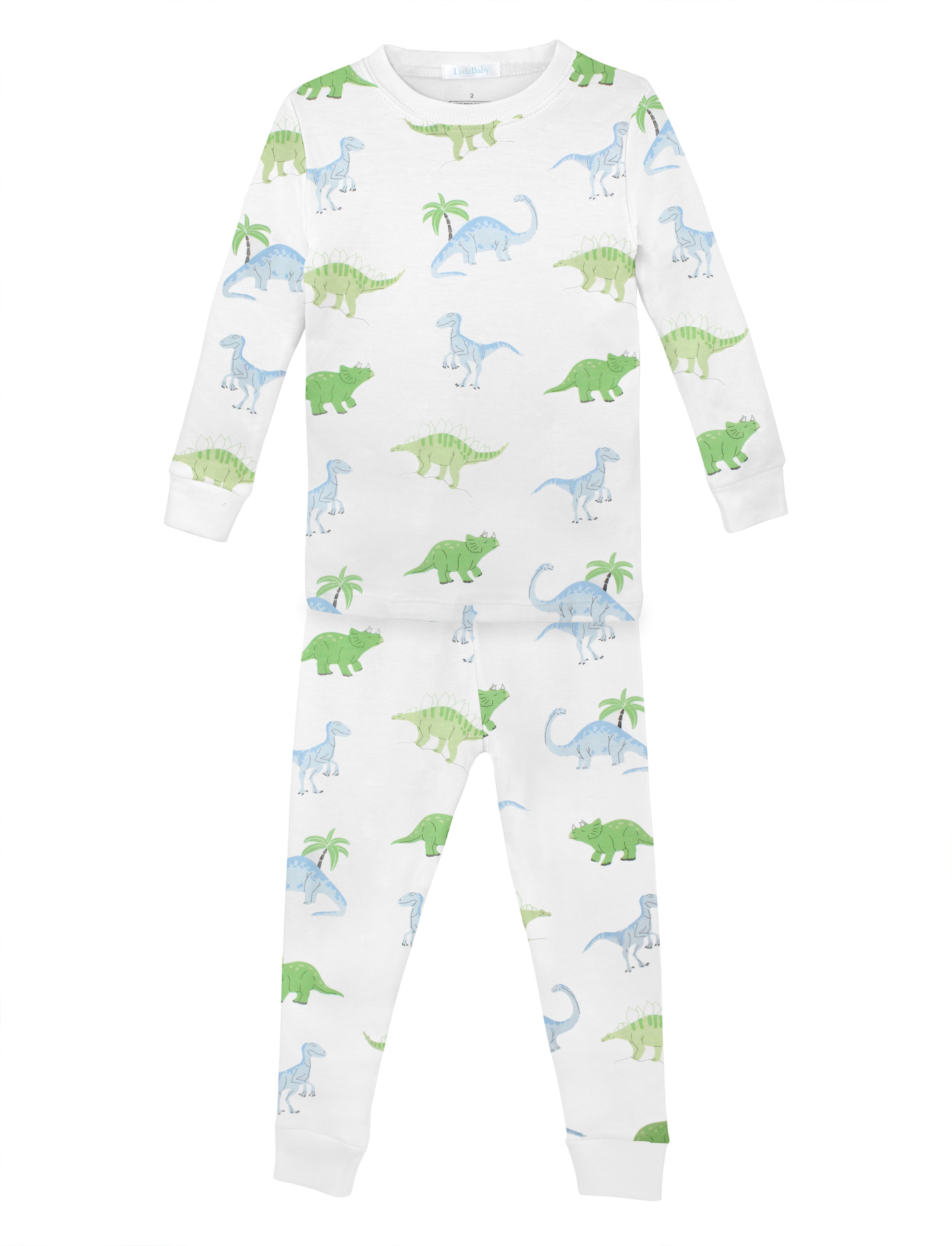 Soft baby boy pajama set in Peruvian Pima cotton with 'Friendly dinos' print — breathable and hypoallergenic luxury sleepwear from boutique baby clothing collections.
