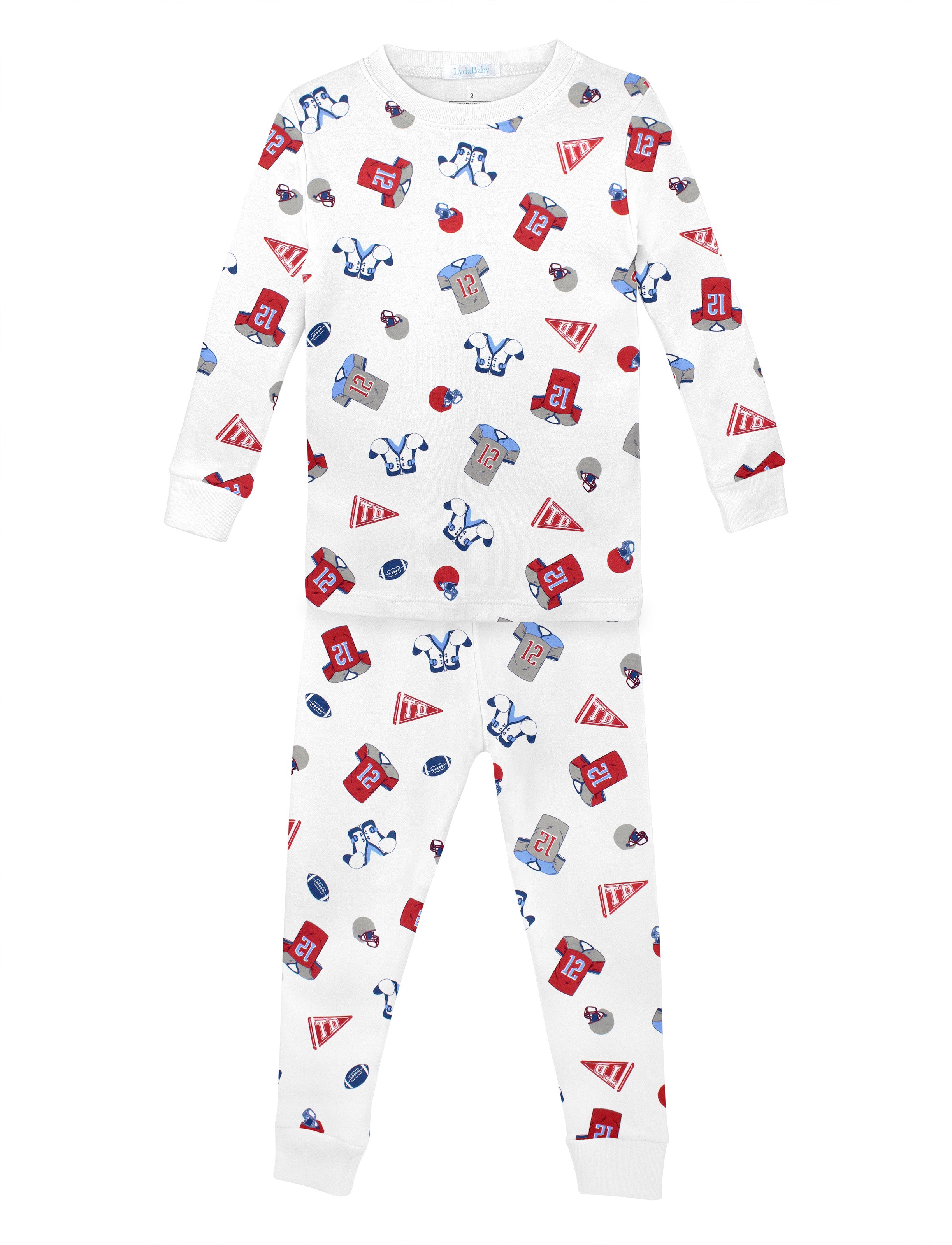 Soft baby boy pajama set in Peruvian Pima cotton with 'Kick off time' print — breathable and hypoallergenic luxury sleepwear from boutique baby clothing collections.

