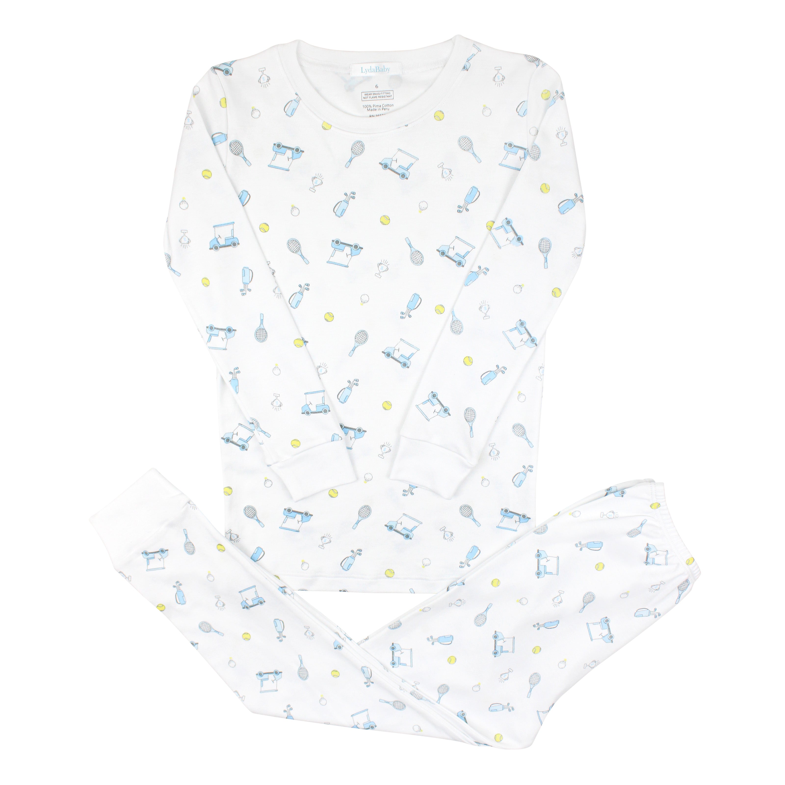 Soft baby boy pajama set in Peruvian Pima cotton with 'Lets golf' print — breathable and hypoallergenic luxury sleepwear from boutique baby clothing collections.
