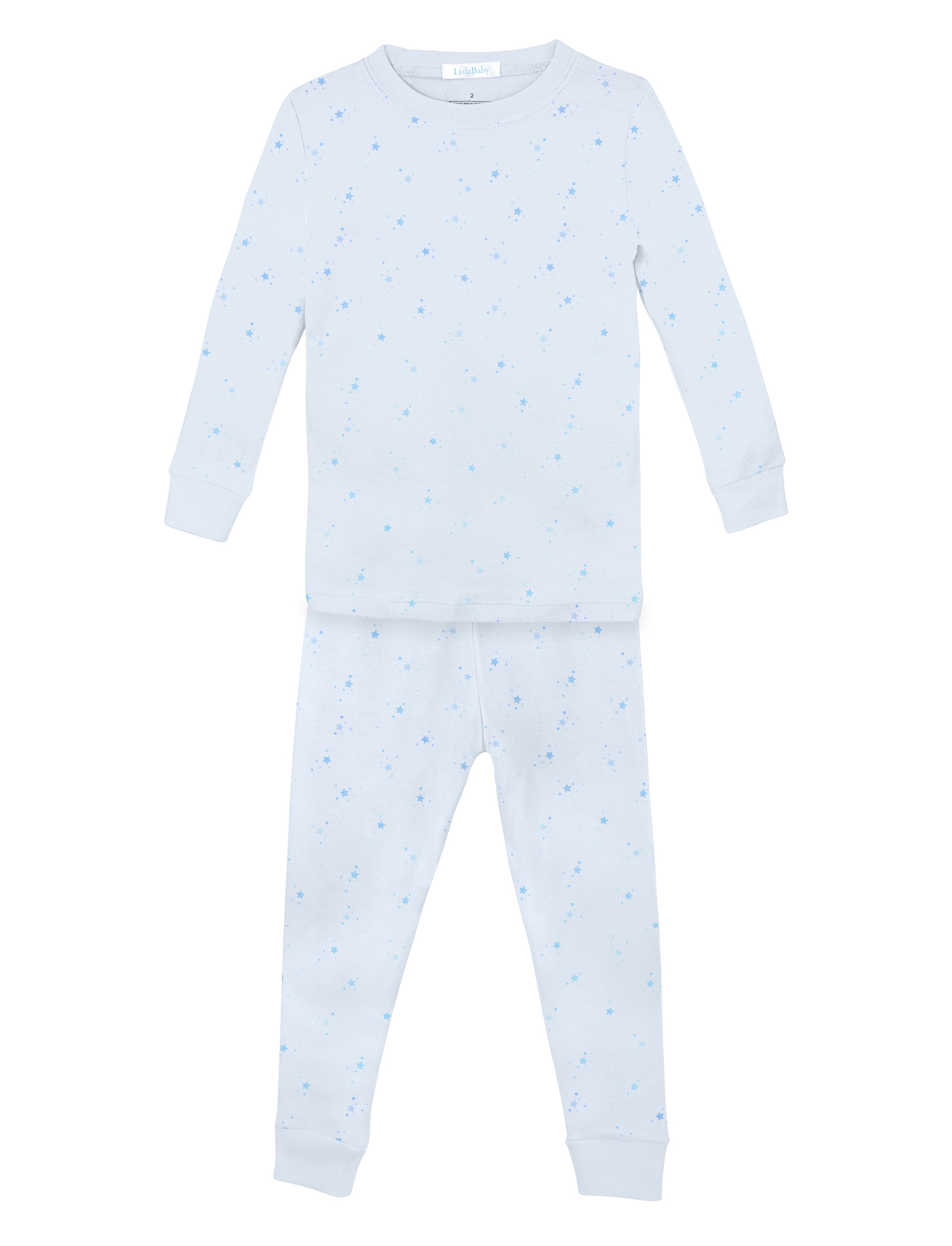 Soft baby boy pajama set in Peruvian Pima cotton with 'Lightblue bubble stars' print — breathable and hypoallergenic luxury sleepwear from boutique baby clothing collections.
