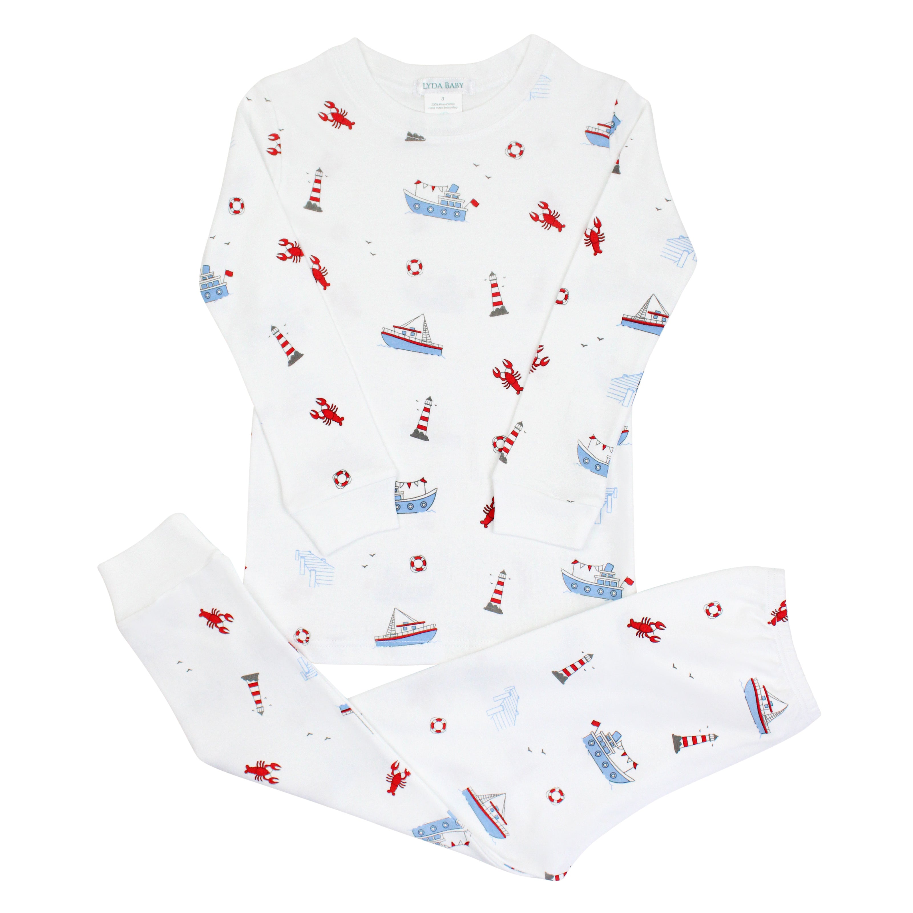 Soft baby boy pajama set in Peruvian Pima cotton with 'Lobster boat' print — breathable and hypoallergenic luxury sleepwear from boutique baby clothing collections.
