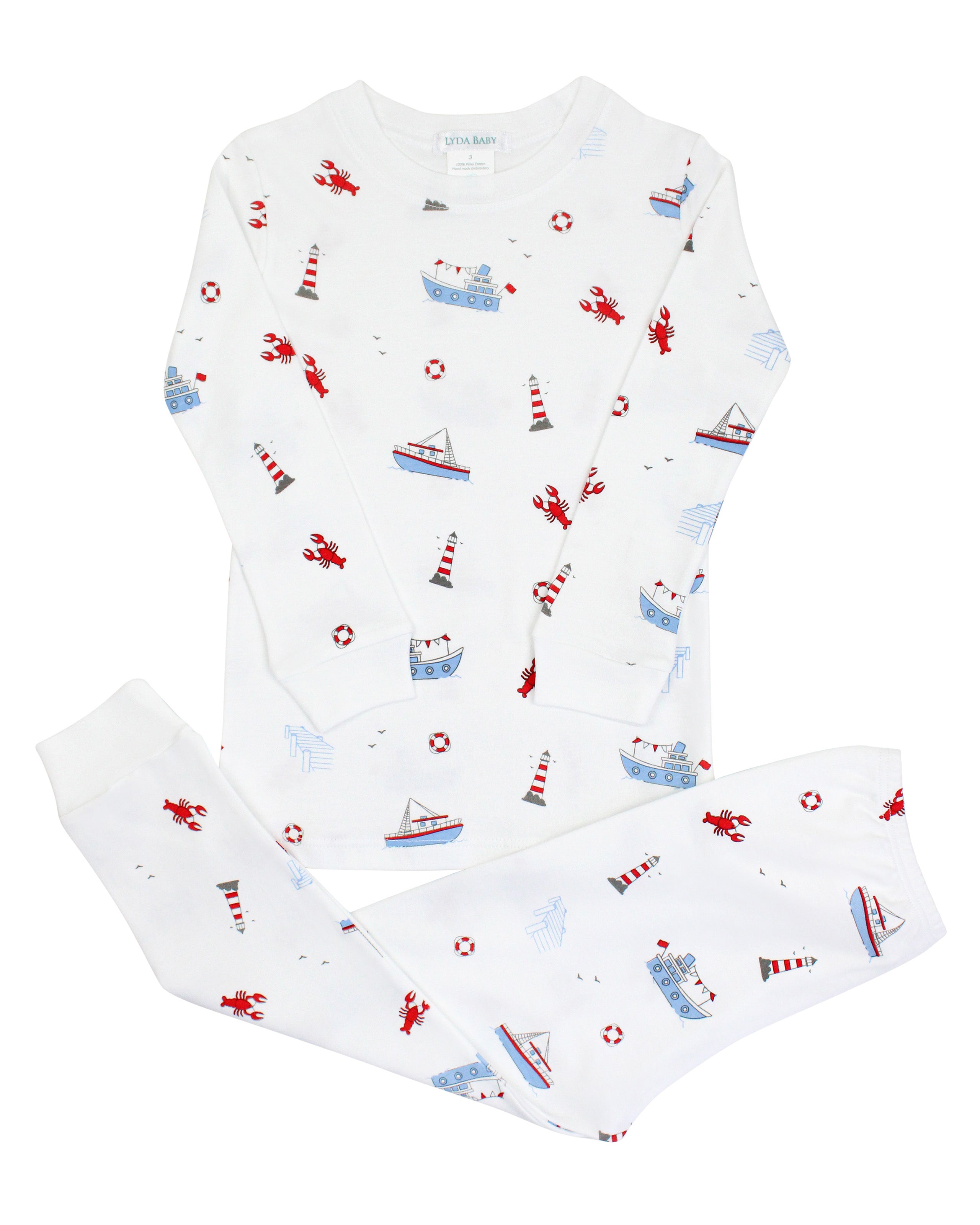Soft baby boy pajama set in Peruvian Pima cotton with 'Lobster boat' print — breathable and hypoallergenic luxury sleepwear from boutique baby clothing collections.