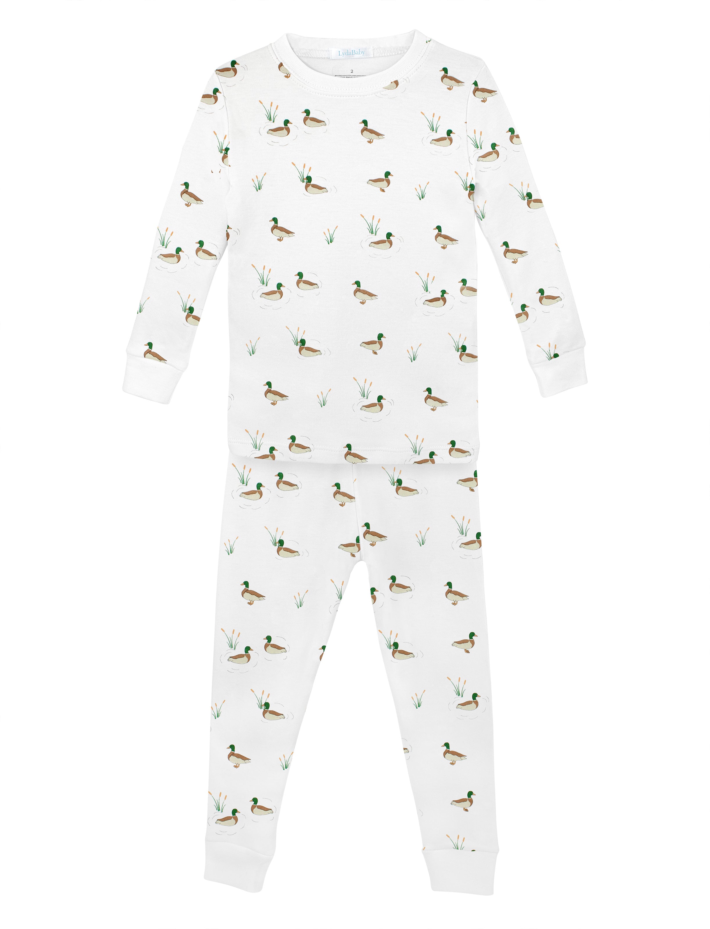 Soft baby boy pajama set in Peruvian Pima cotton with 'Mallard ducks' print — breathable and hypoallergenic luxury sleepwear from boutique baby clothing collections.
