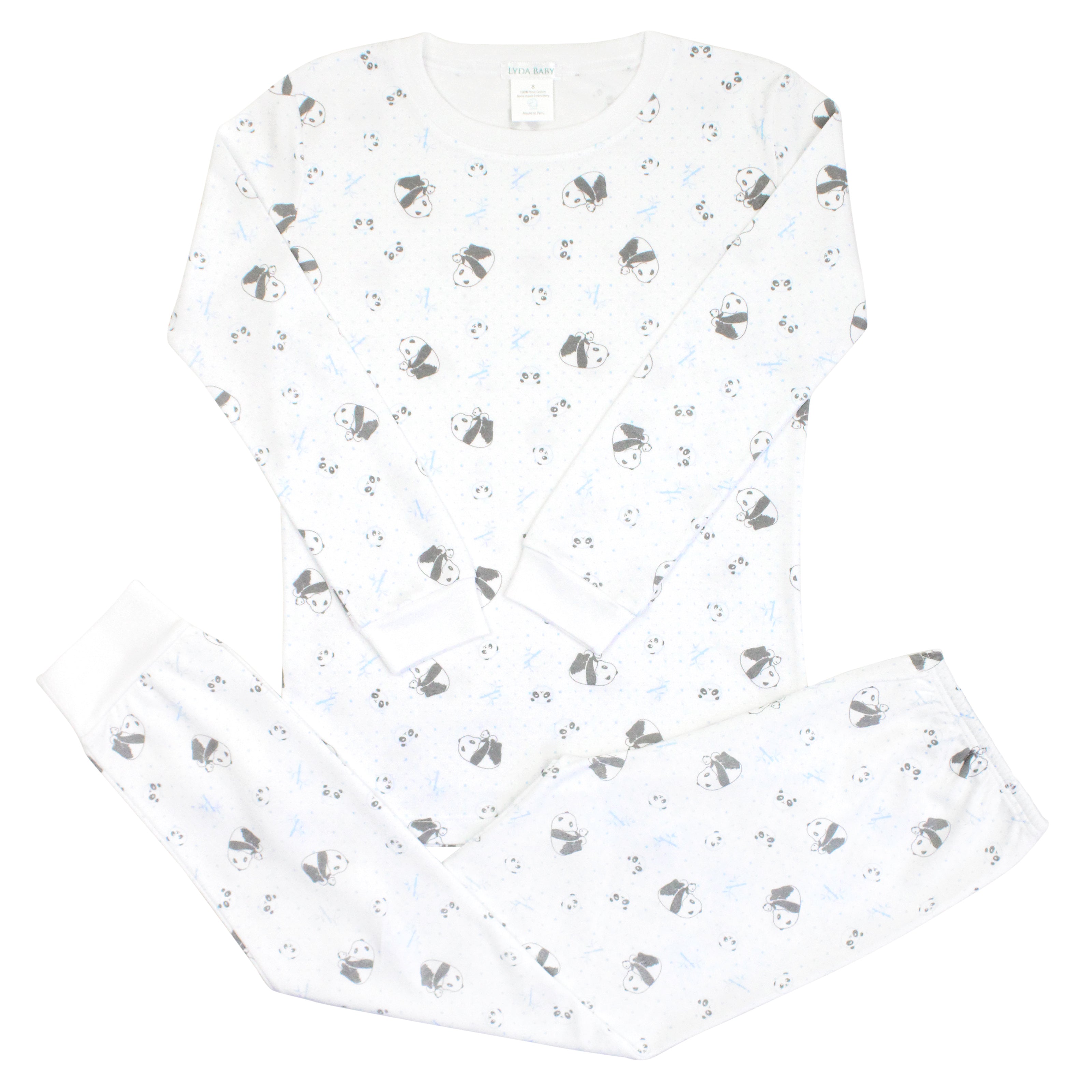 Soft baby boy pajama set in Peruvian Pima cotton with 'Pandas love' print — breathable and hypoallergenic luxury sleepwear from boutique baby clothing collections.
