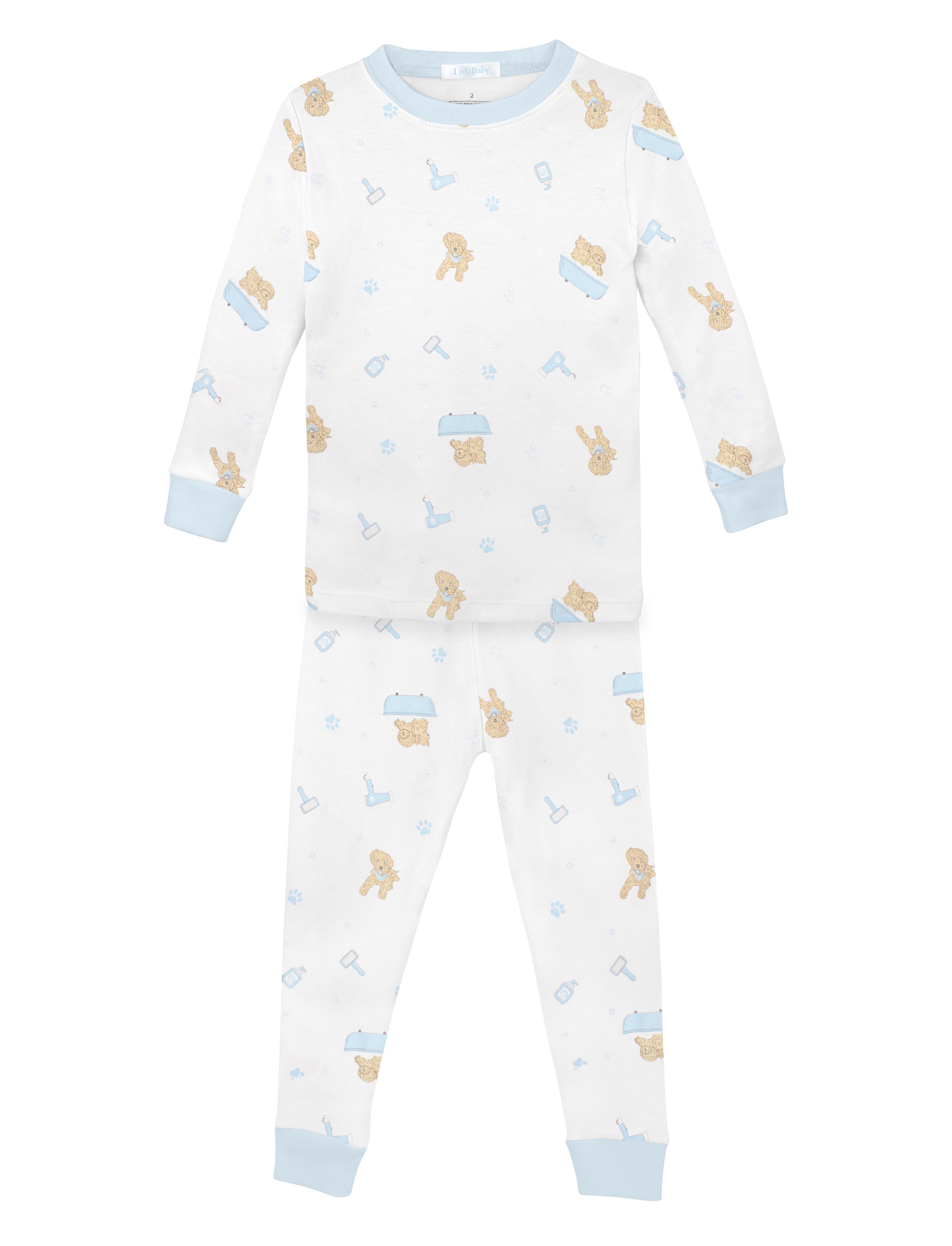 Soft baby boy pajama set in Peruvian Pima cotton with 'Pet spa' print — breathable and hypoallergenic luxury sleepwear from boutique baby clothing collections.