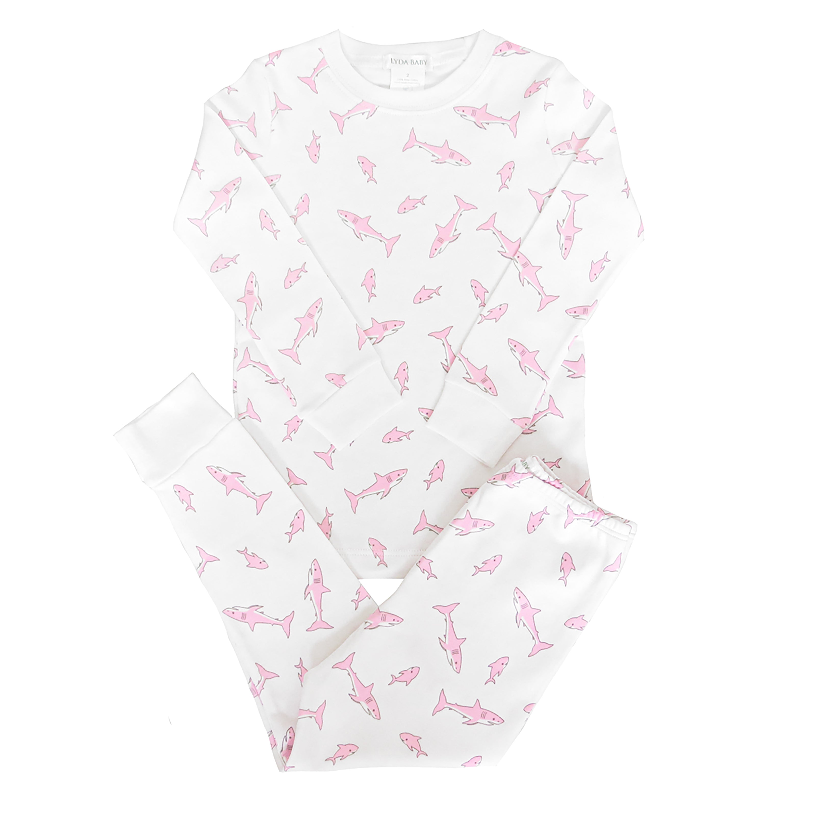Soft baby boy pajama set in Peruvian Pima cotton with 'Shark' print — breathable and hypoallergenic luxury sleepwear from boutique baby clothing collections.