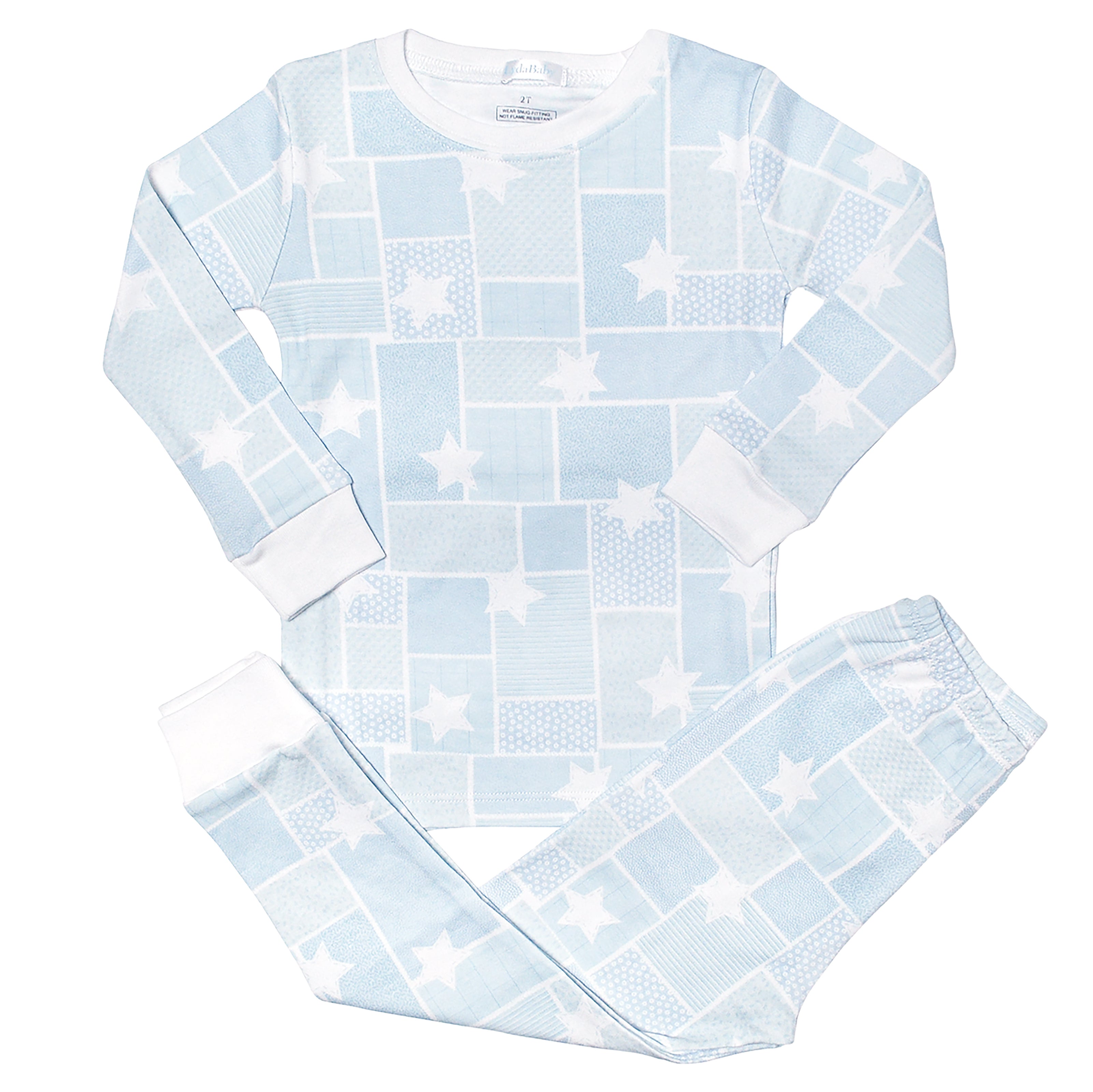 Soft baby boy pajama set in Peruvian Pima cotton with 'Stars patch' print — breathable and hypoallergenic luxury sleepwear from boutique baby clothing collections.