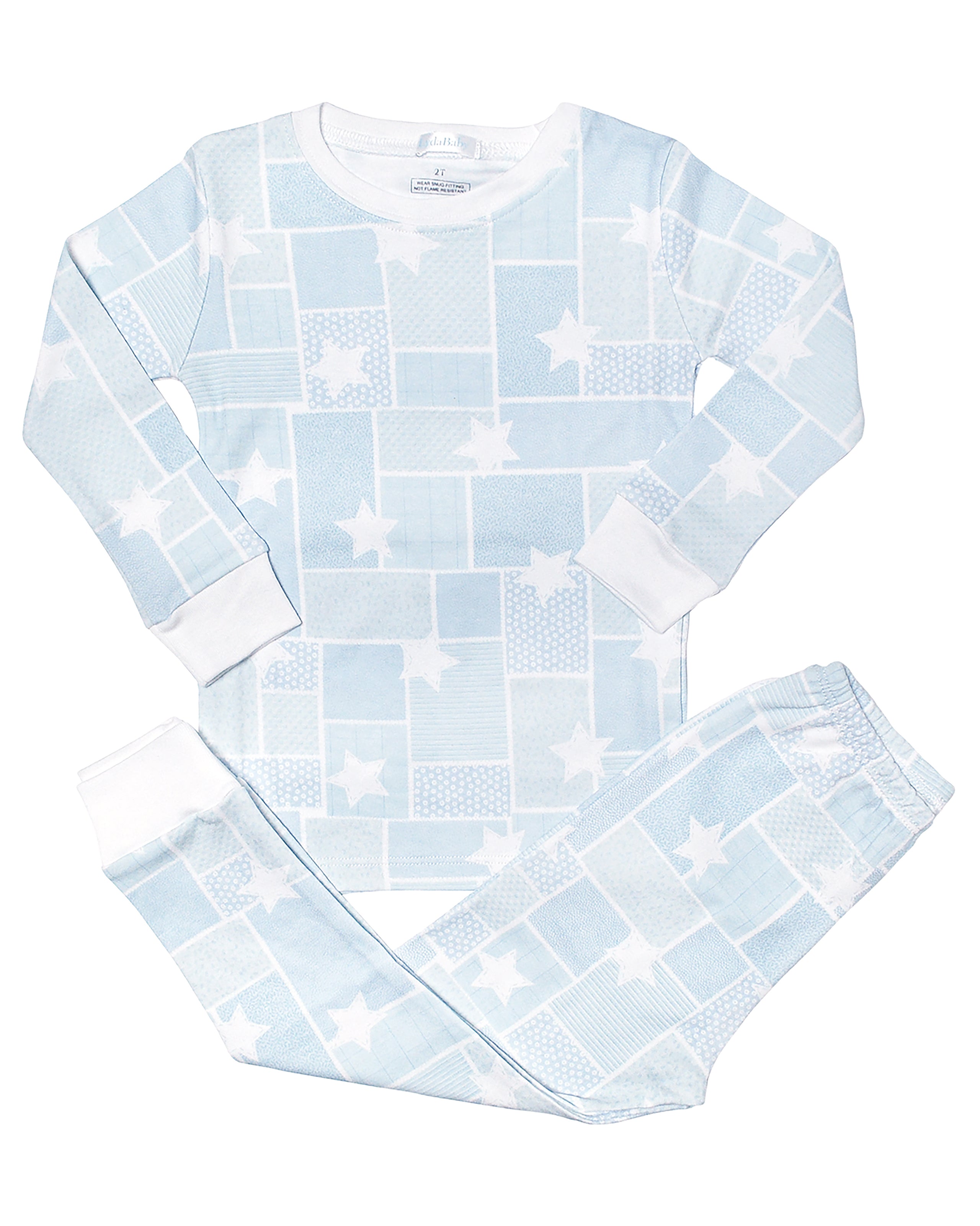 Soft baby boy pajama set in Peruvian Pima cotton with 'Stars patch' print — breathable and hypoallergenic luxury sleepwear from boutique baby clothing collections.